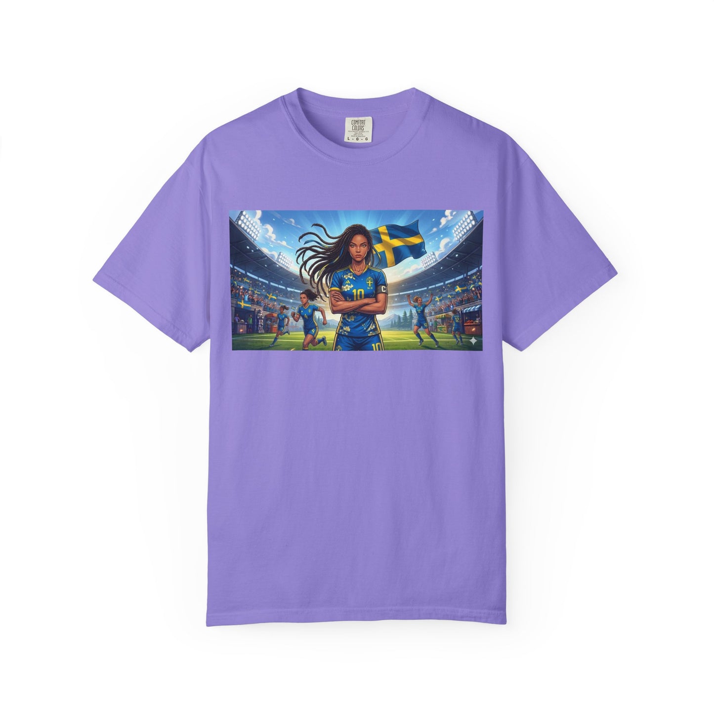 Swedish Soccer Pride T-Shirt — Female Footballer with Flag Stadium Design