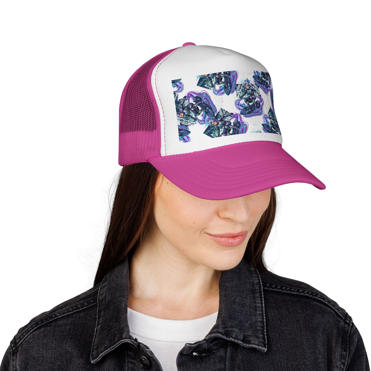 Abstract Amethyst Crystal Trucker Cap — Violet Geode Pattern Mesh Hat