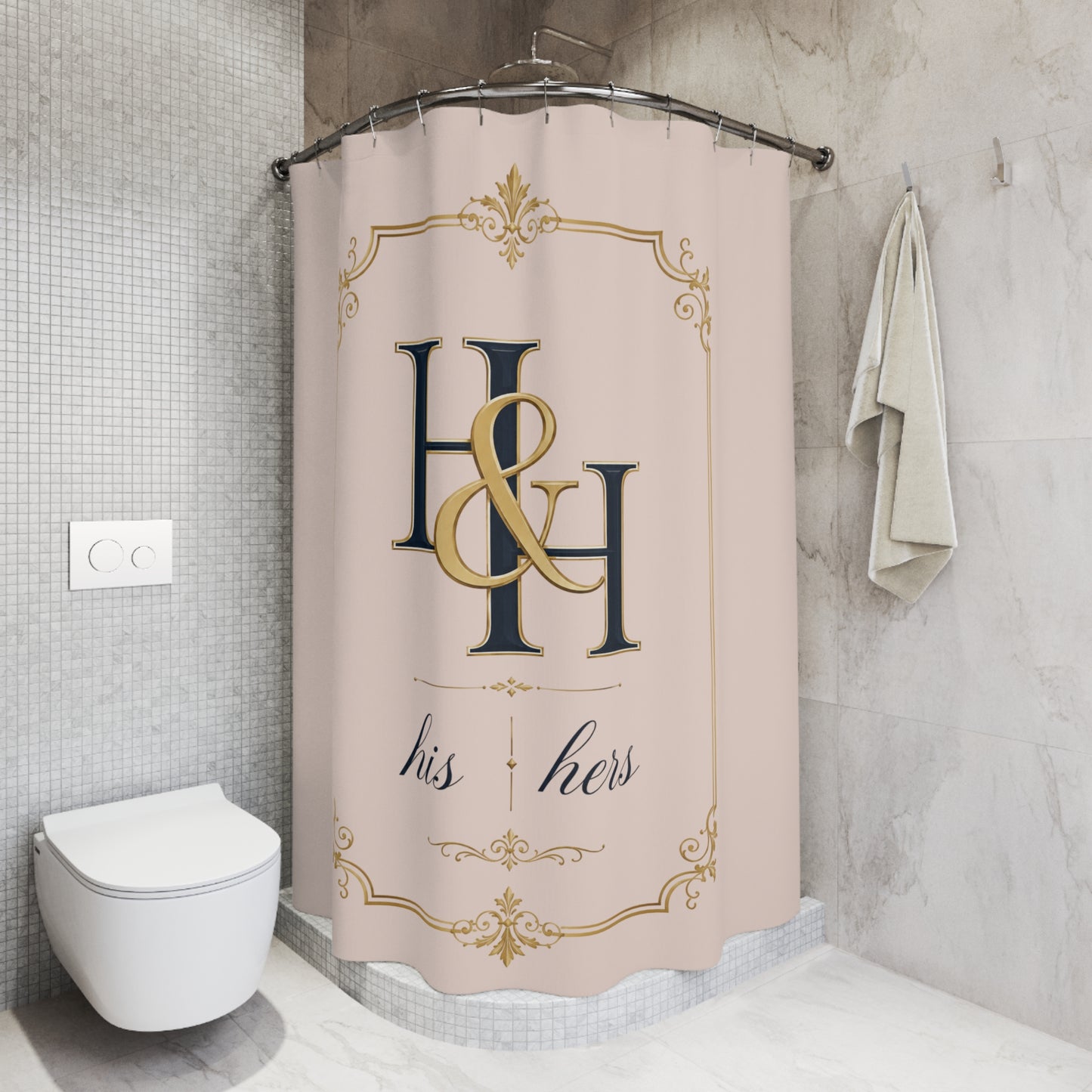 His & Hers Monogram Shower Curtain – Elegant Blush and Gold Bathroom Decor