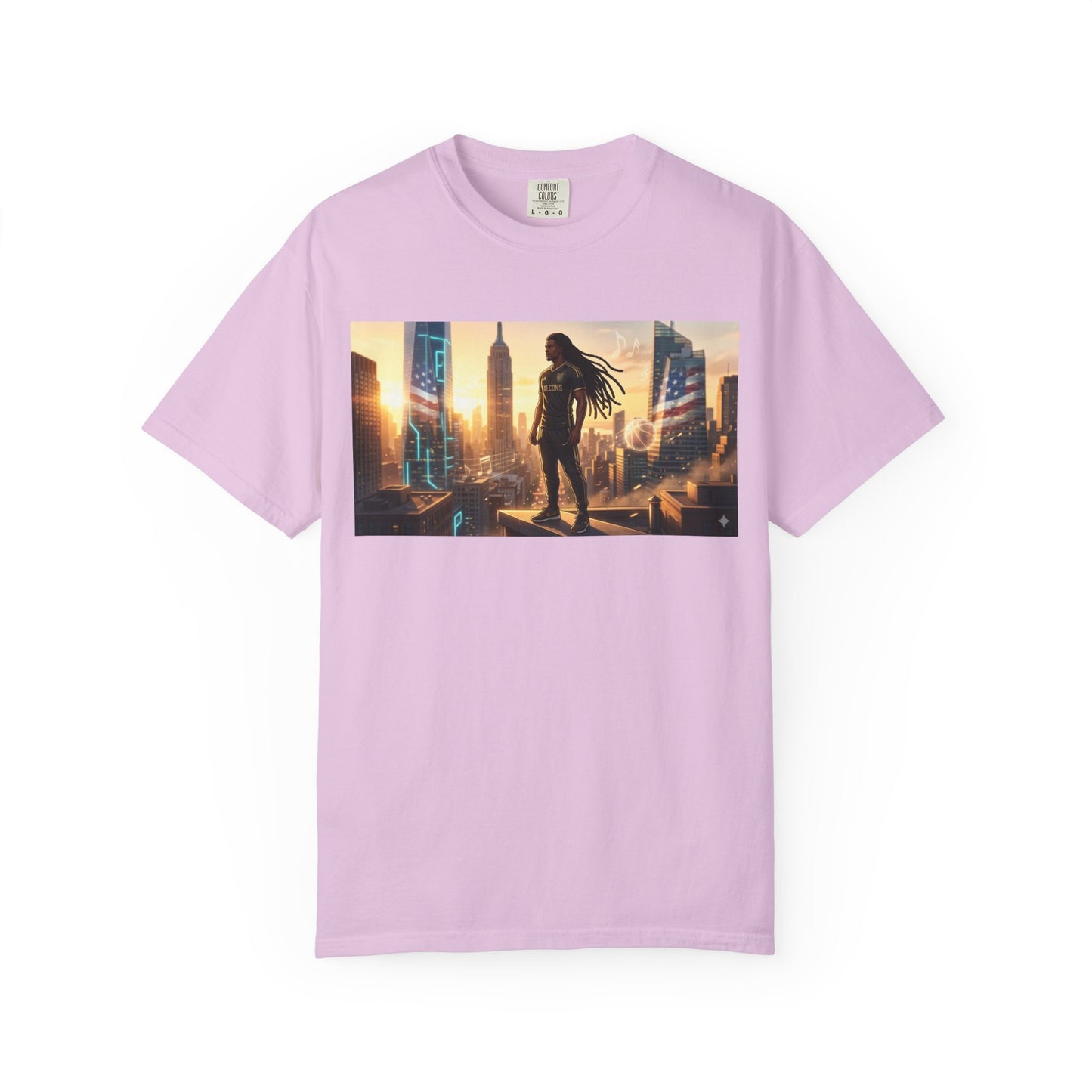 Cyberpunk Cityscape T-Shirt — Silhouette Hero at Sunset
