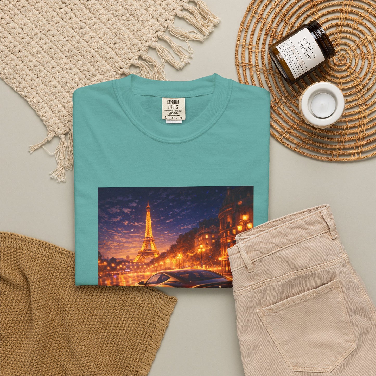 Paris Night Drive T-Shirt — Sports Car in Rainy Cityscape