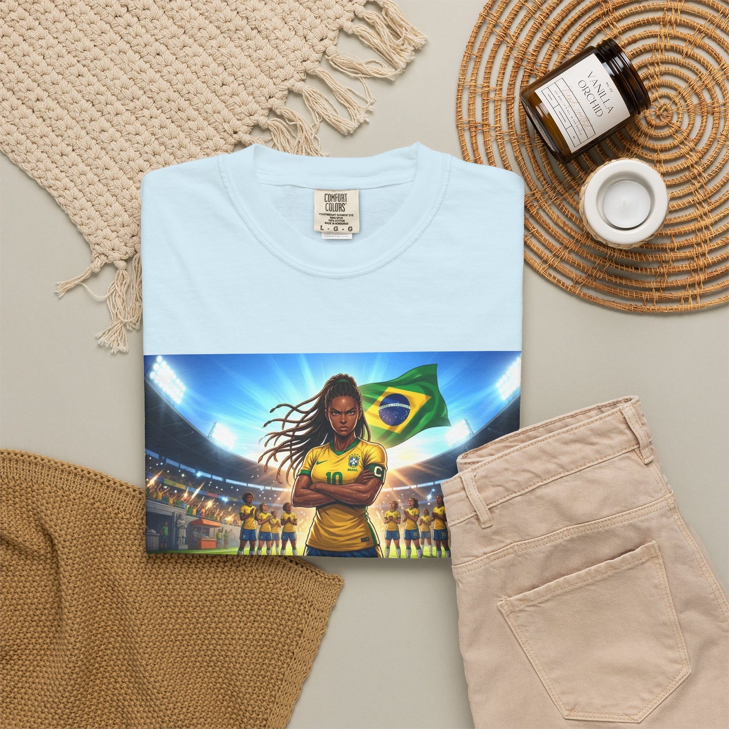 Brazil Soccer Captain T-Shirt — Player Holding Ball with Brazilian Flag Stadium Graphic