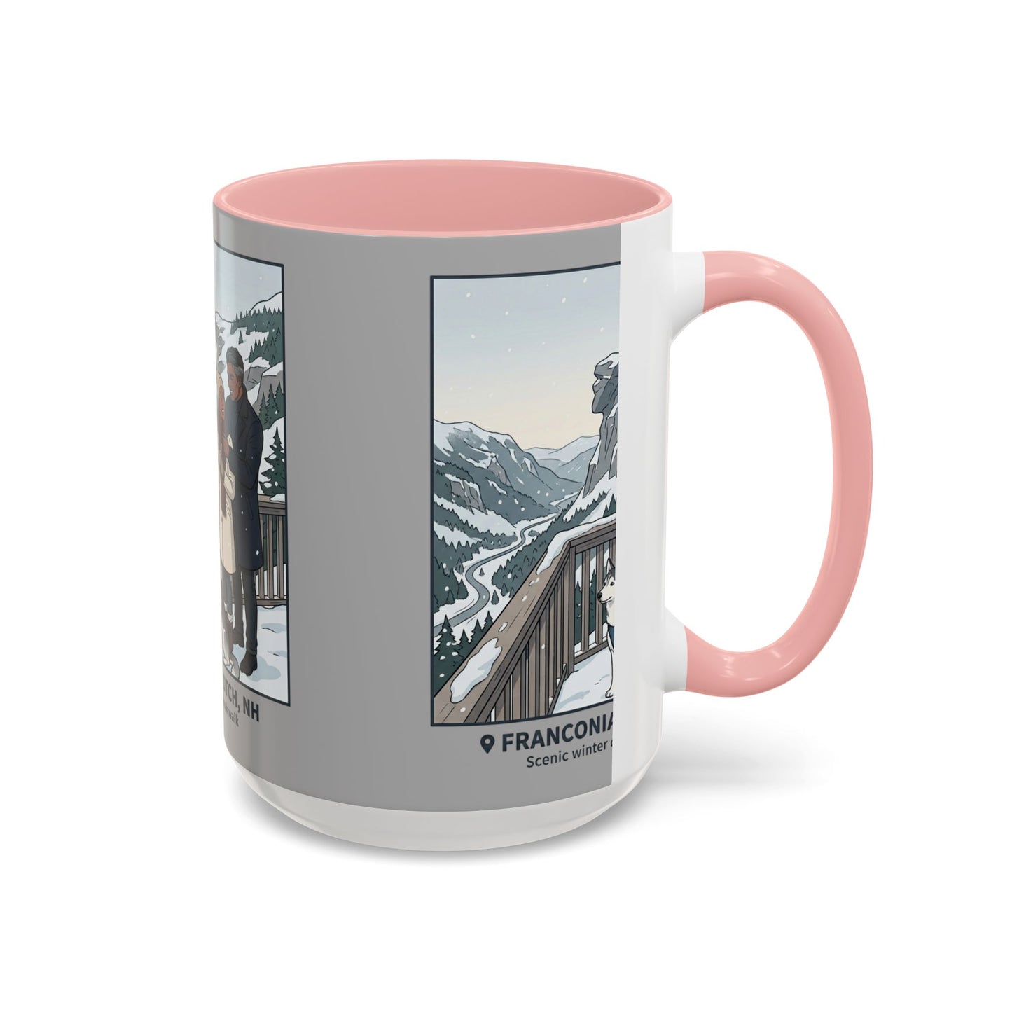 Franconia Notch Scenic Winter Mug — Couples & Dog Snowy Overlook Coffee Cup (11/15oz)