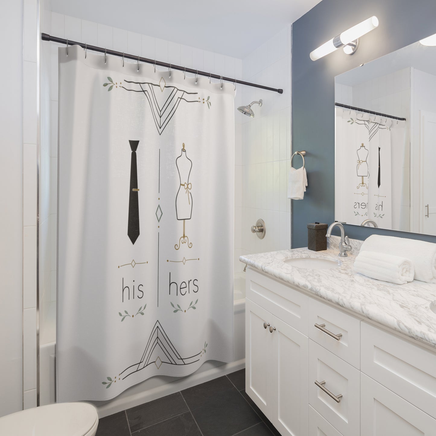 His & Hers Minimalist Shower Curtain — Tie & Dress Form Art Deco Bathroom Decor