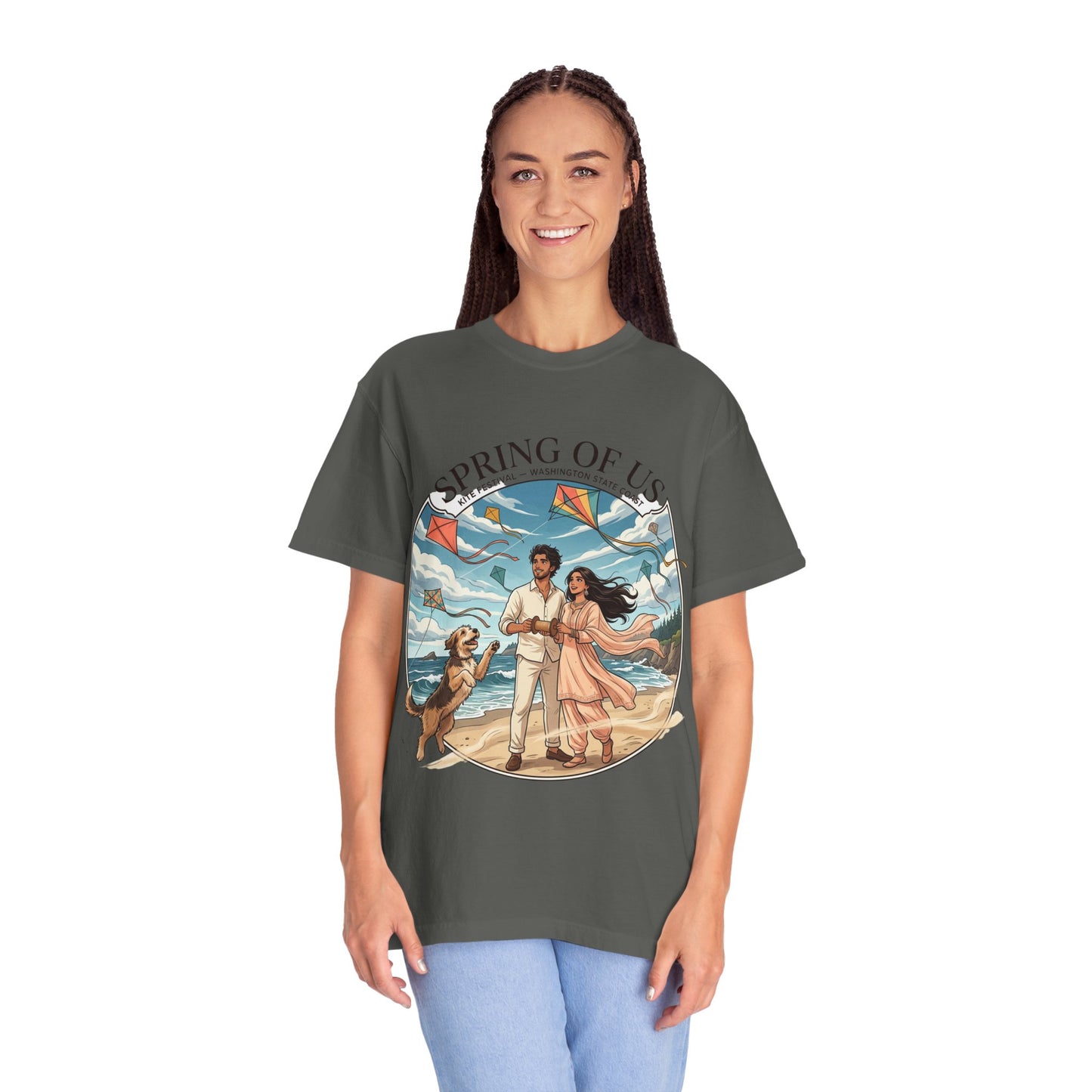 Spring of Us T-Shirt — Romantic Beach Couple Illustration with Dog
