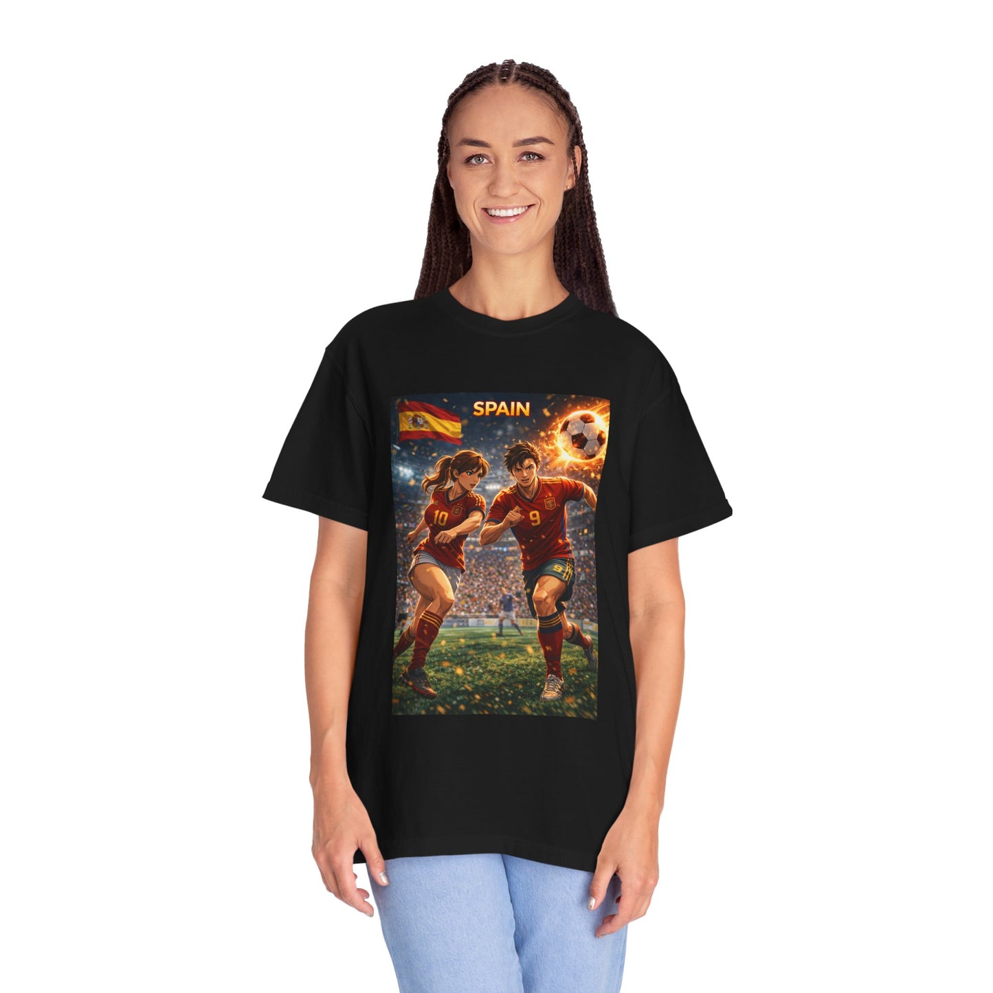 Spain Soccer Graphic T-Shirt — Retro Match Scene with Flag