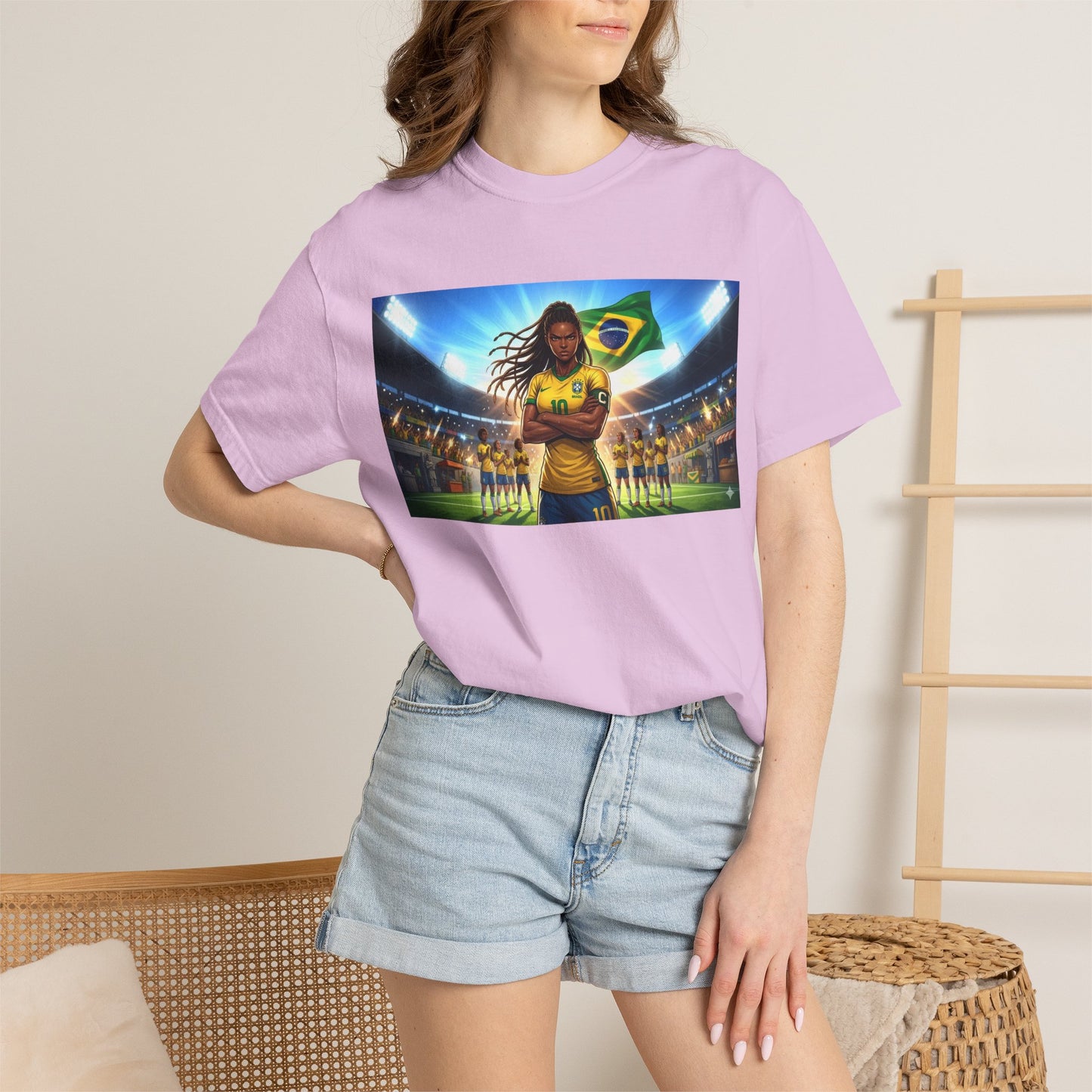 Brazil Soccer Captain T-Shirt — Player Holding Ball with Brazilian Flag Stadium Graphic