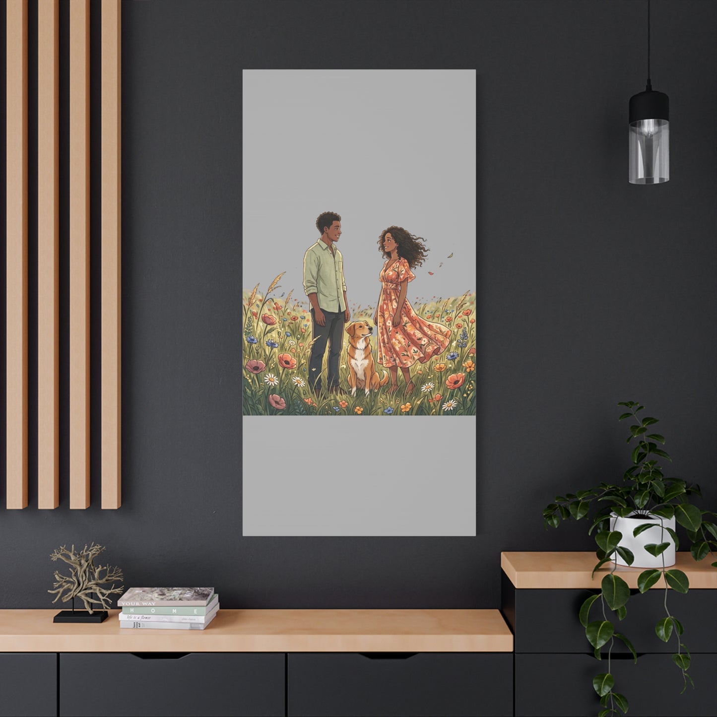Romantic Couple in Wildflower Field Canvas Art — Black Love Wall Decor with Dog