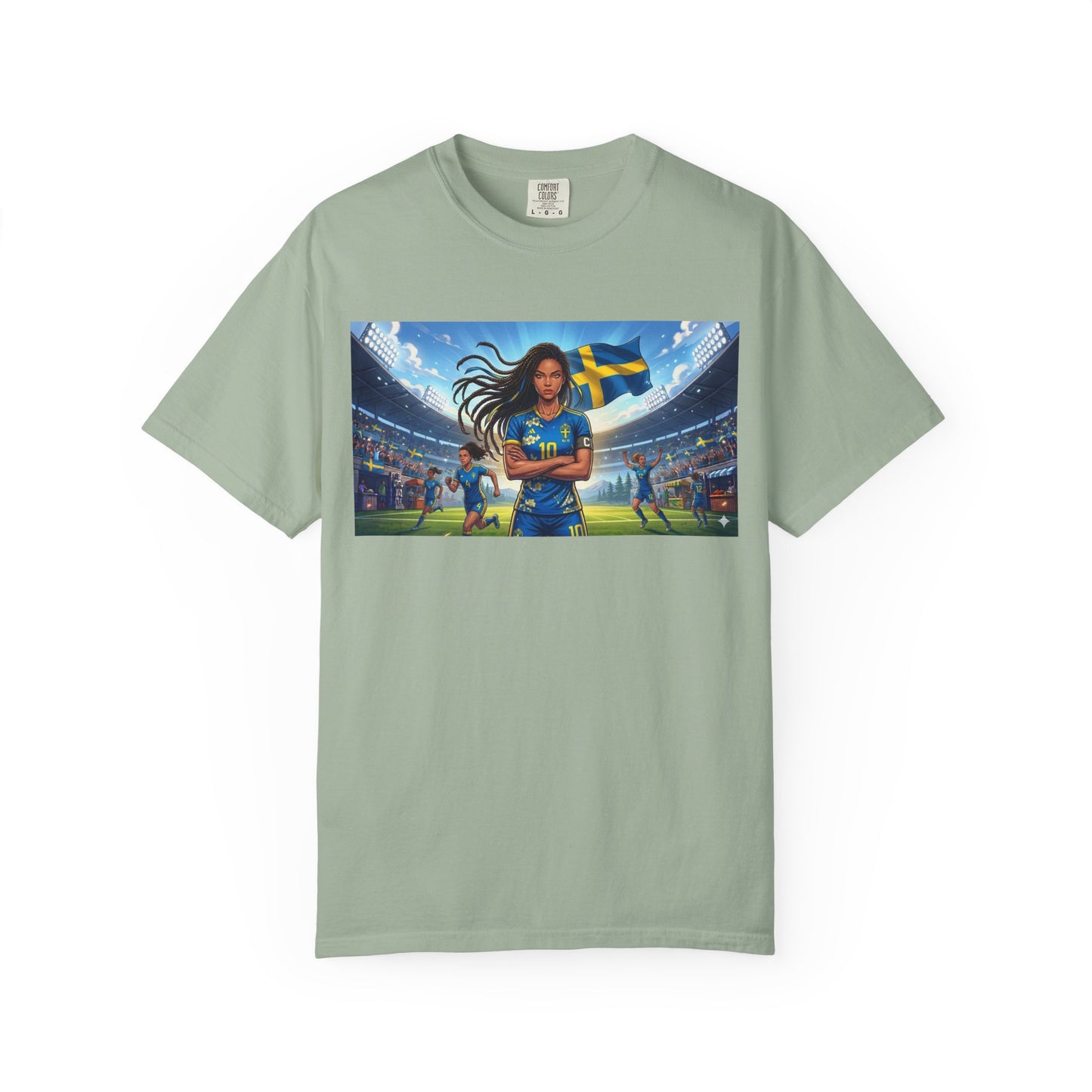 Swedish Soccer Pride T-Shirt — Female Footballer with Flag Stadium Design