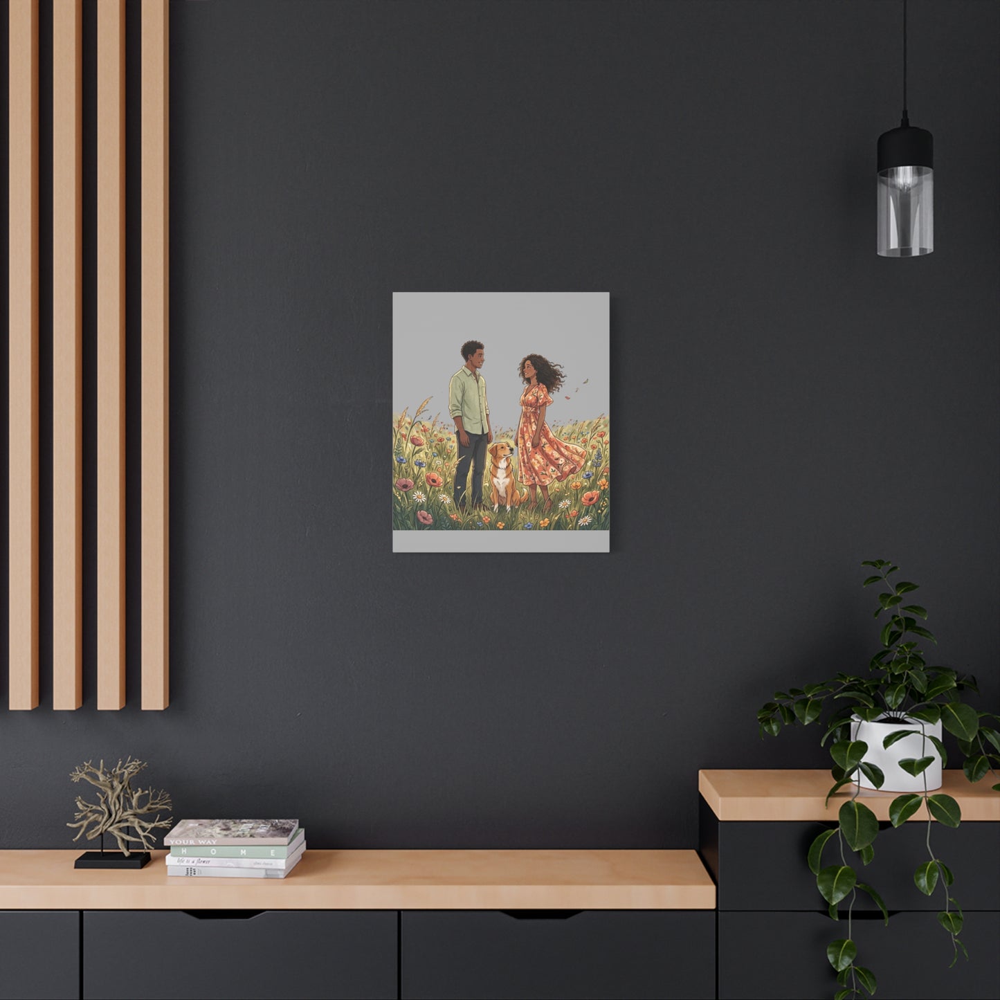 Romantic Couple in Wildflower Field Canvas Art — Black Love Wall Decor with Dog