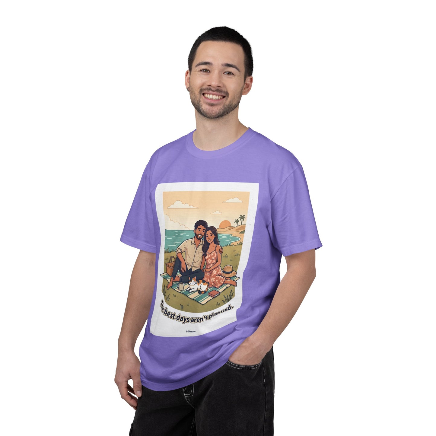 Beach Picnic Couple T‑Shirt — “The best days aren’t planned.” Relaxed Vacation Tee