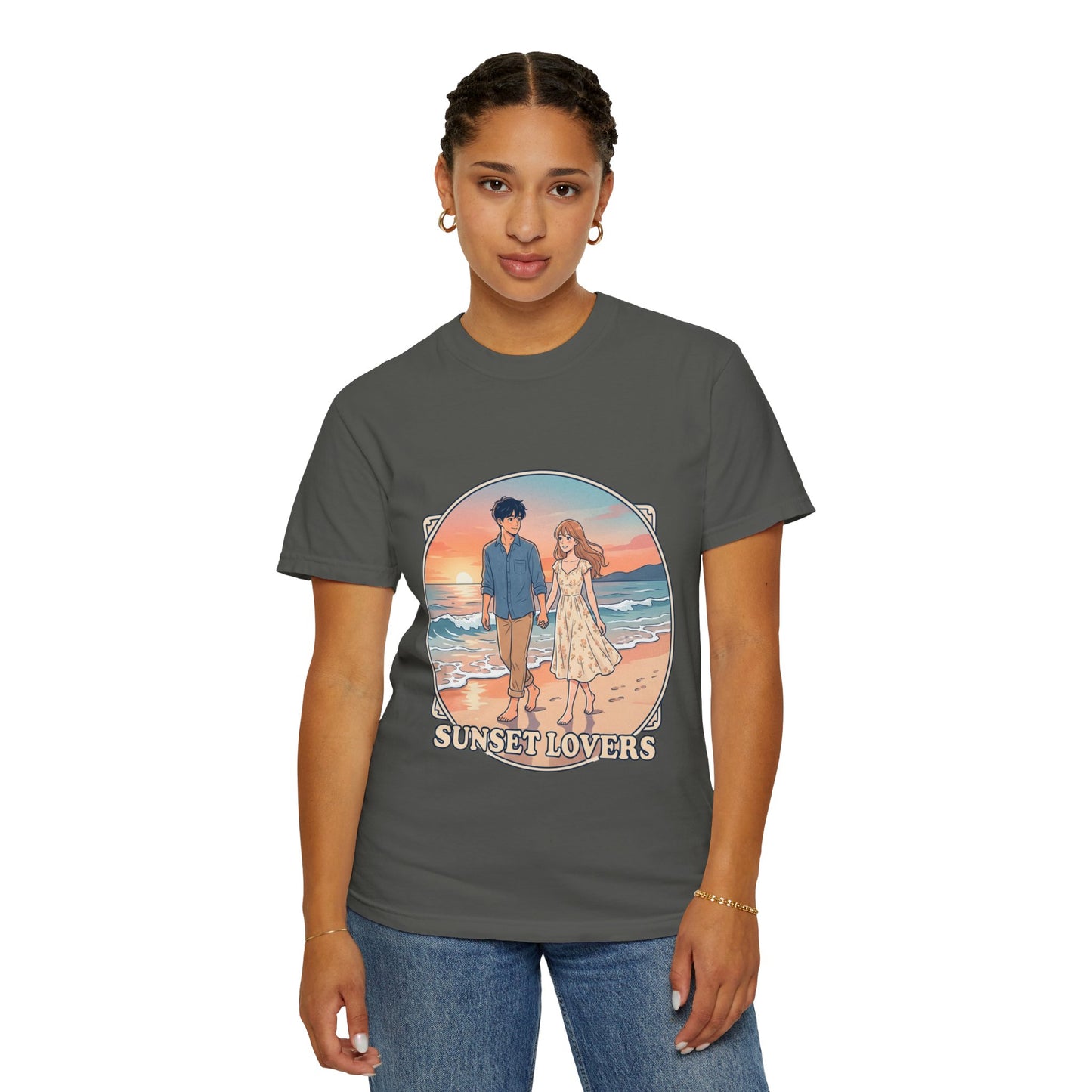 Sunset Lovers Beach T-Shirt — Romantic Couple Graphic Tee