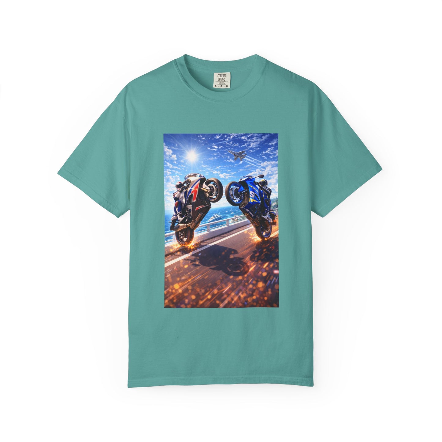 Stunt Riders Motorcycle T-Shirt — Two Bike Wheelie Racing Graphic Tee