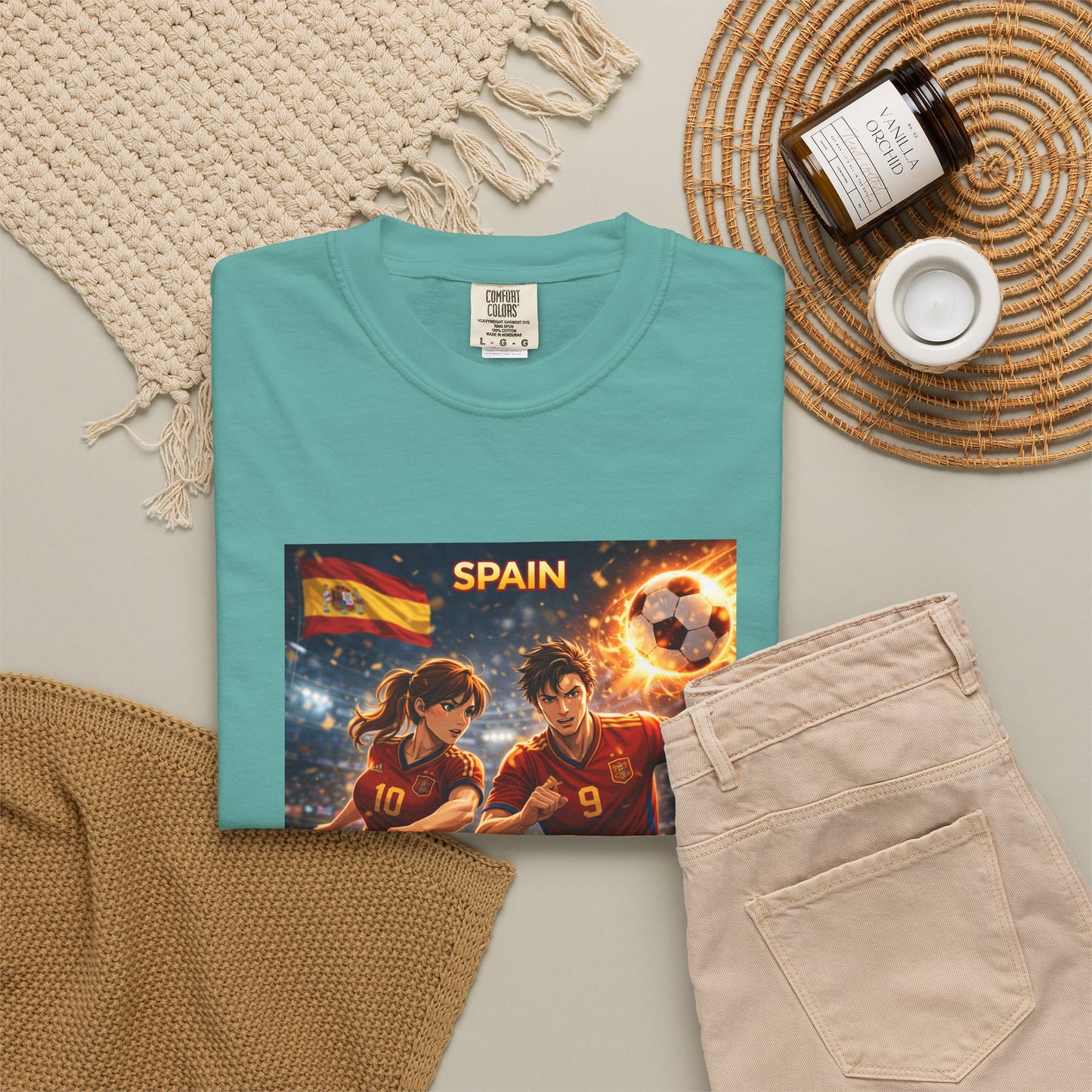 Spain Soccer Graphic T-Shirt — Retro Match Scene with Flag