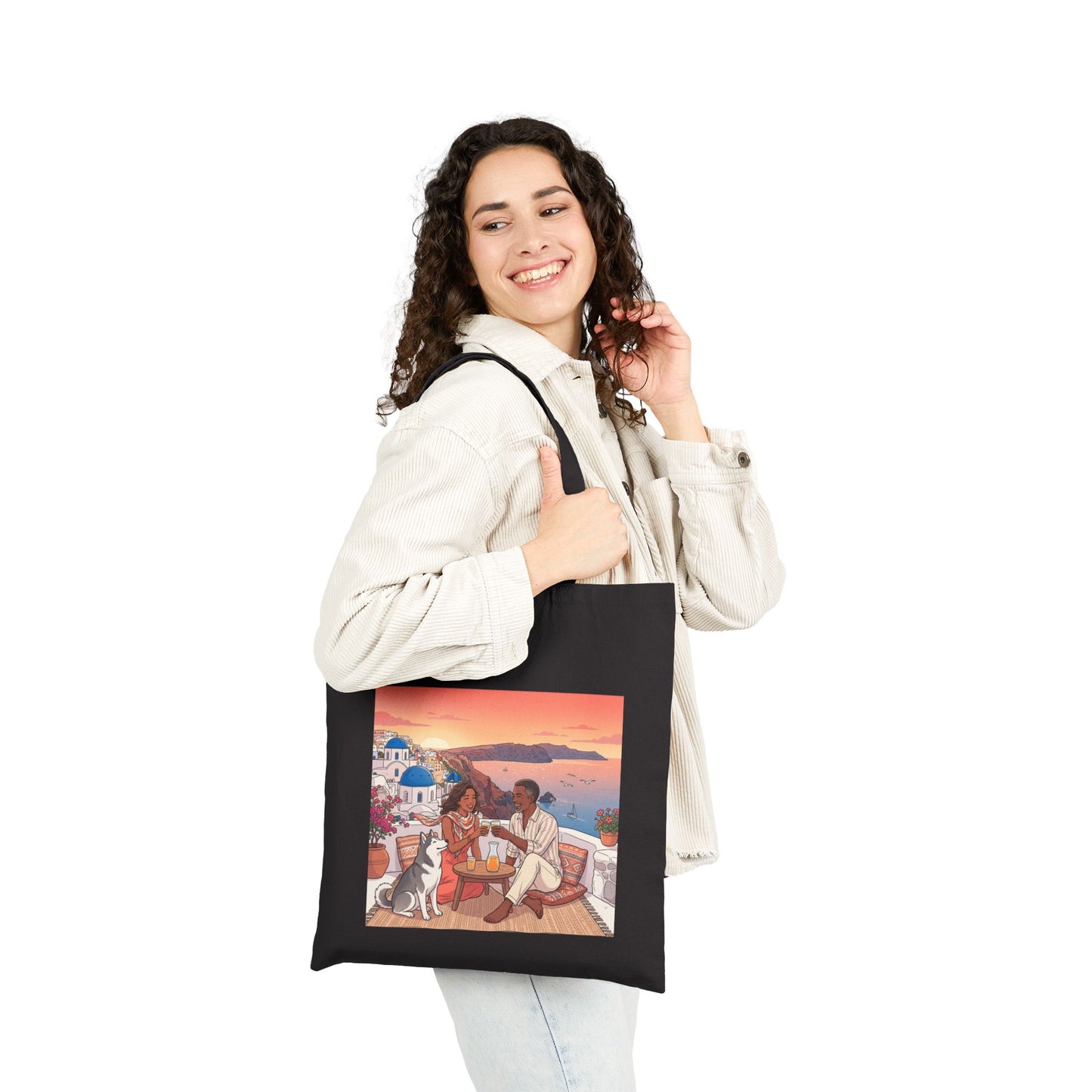 Santorini Sunset Beach Tote — Romantic Couple & Dog Canvas Bag