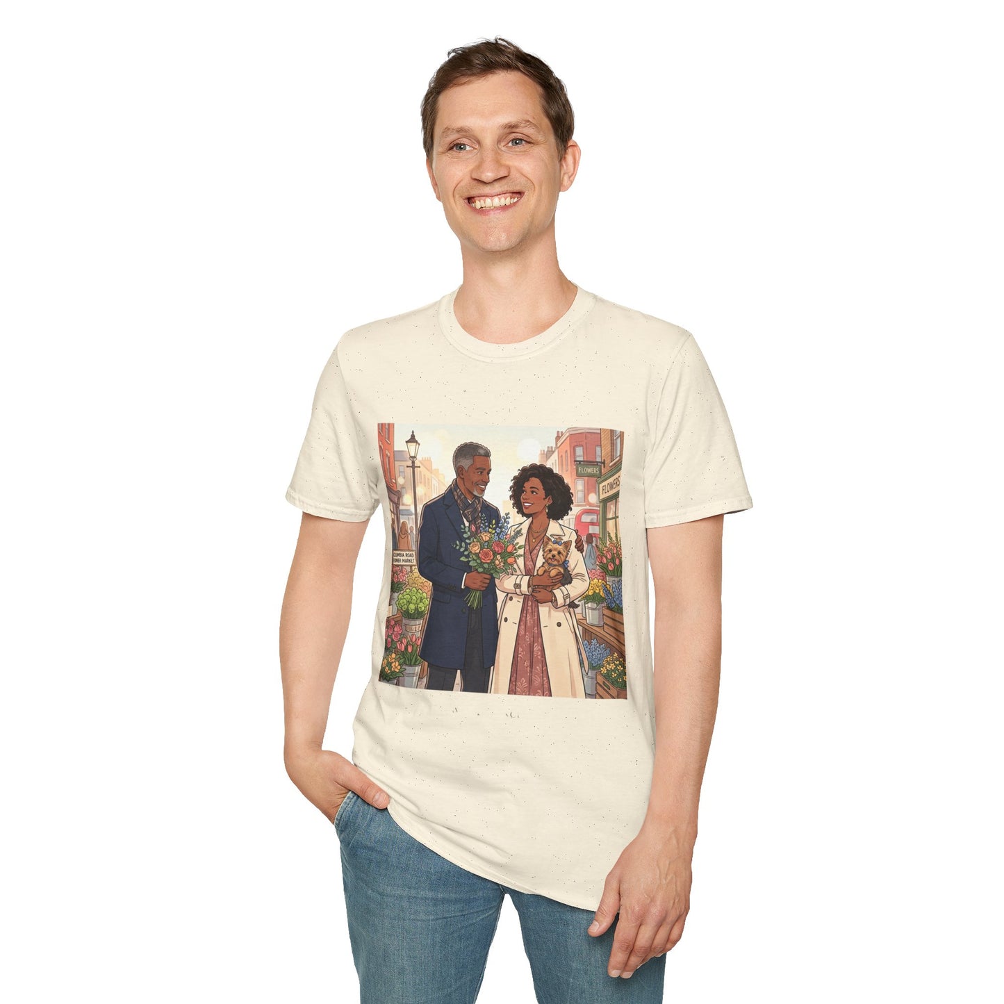 Romantic City Stroll T-Shirt — Couple Bouquet Illustration