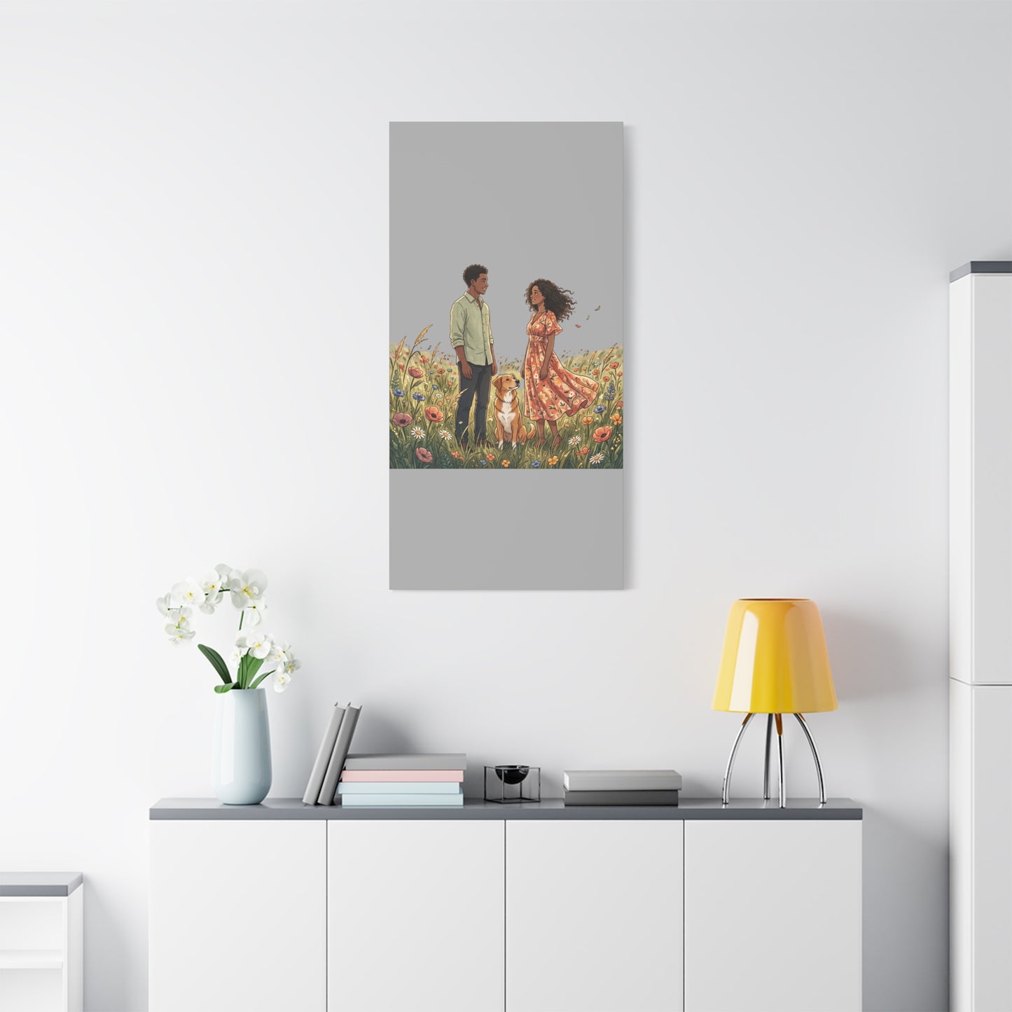Romantic Couple in Wildflower Field Canvas Art — Black Love Wall Decor with Dog