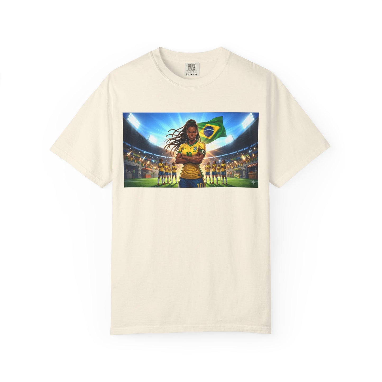 Brazil Soccer Captain T-Shirt — Player Holding Ball with Brazilian Flag Stadium Graphic