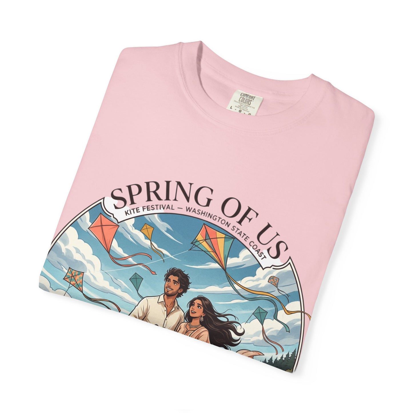 Spring of Us T-Shirt — Romantic Beach Couple Illustration with Dog