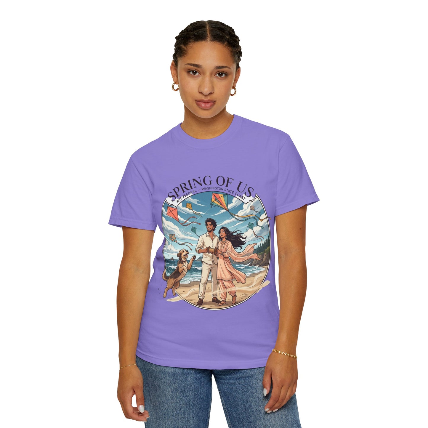 Spring of Us T-Shirt — Romantic Beach Couple Illustration with Dog