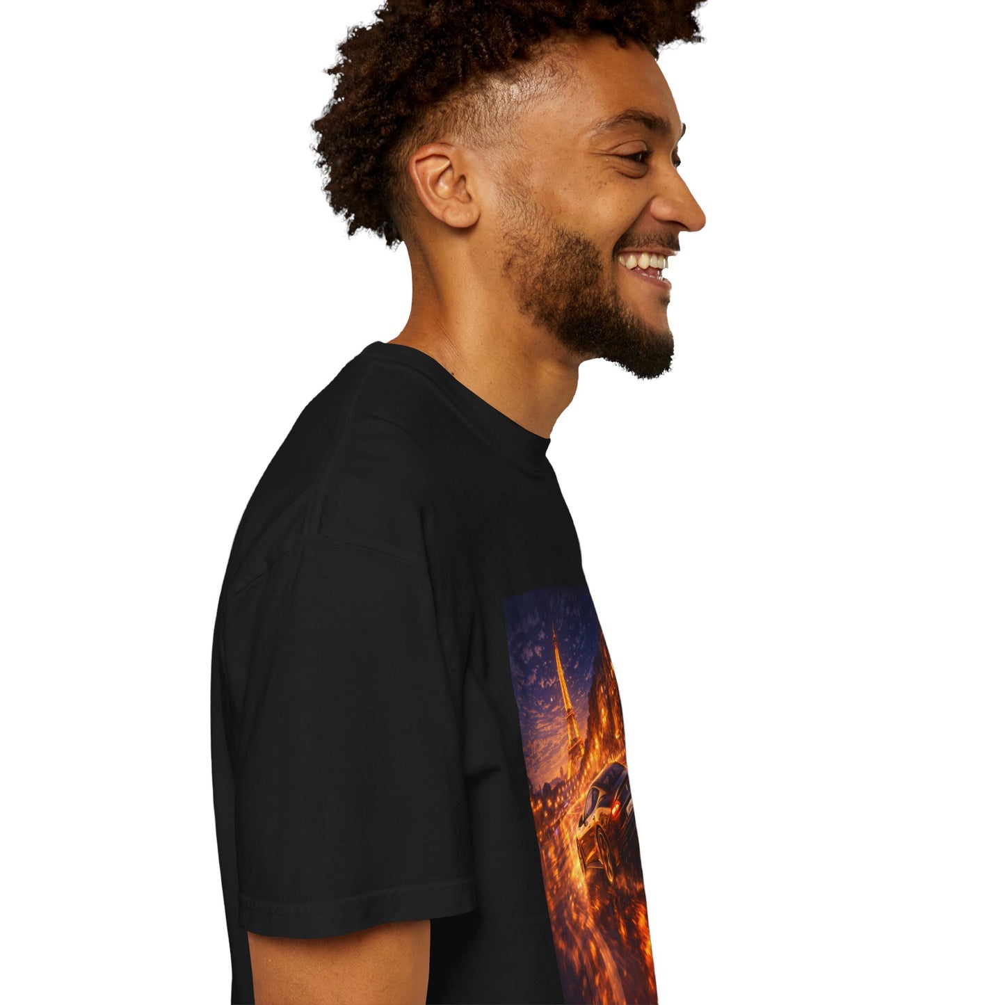 Paris Night Drive T-Shirt — Sports Car in Rainy Cityscape