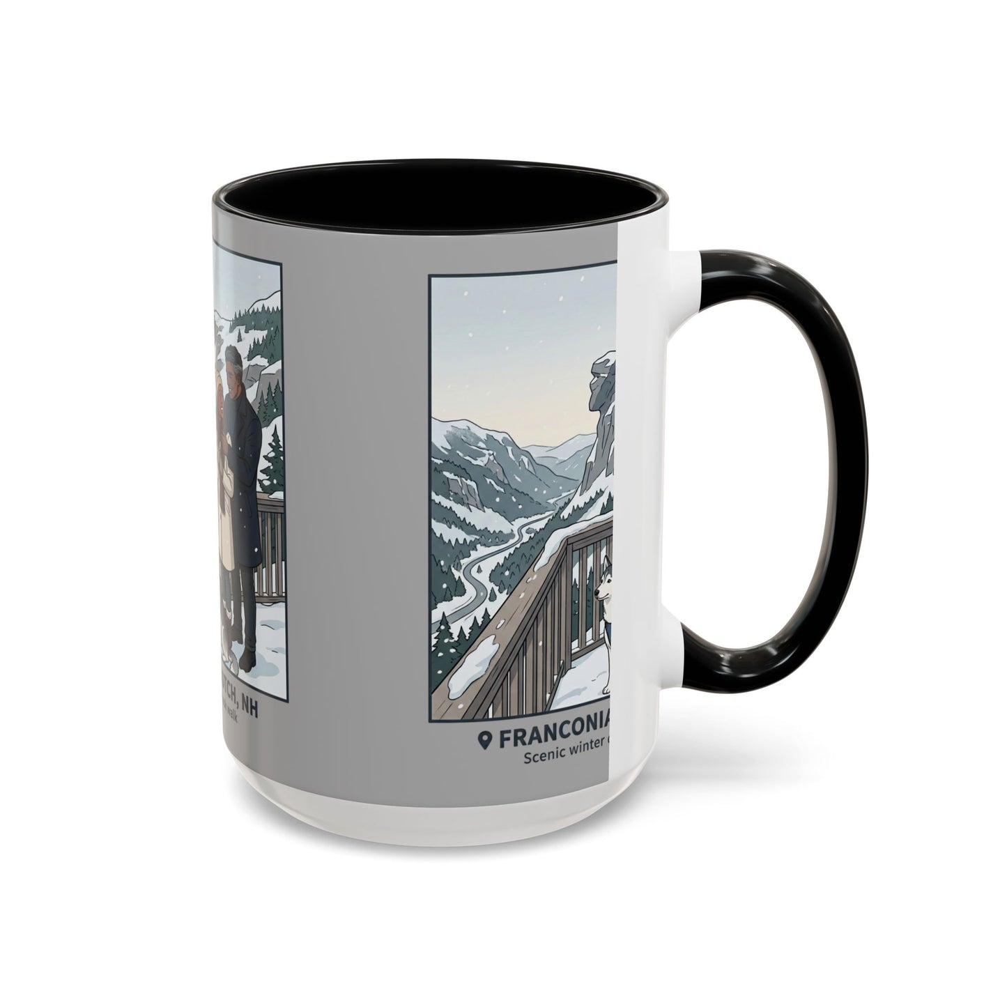 Franconia Notch Scenic Winter Mug — Couples & Dog Snowy Overlook Coffee Cup (11/15oz)
