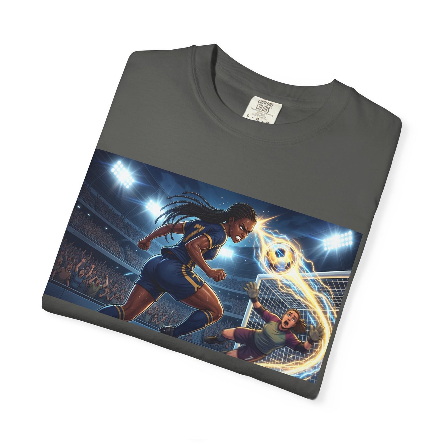 Soccer Duel Graphic T-Shirt — Futuristic Goalkeeper vs Striker Stadium Print