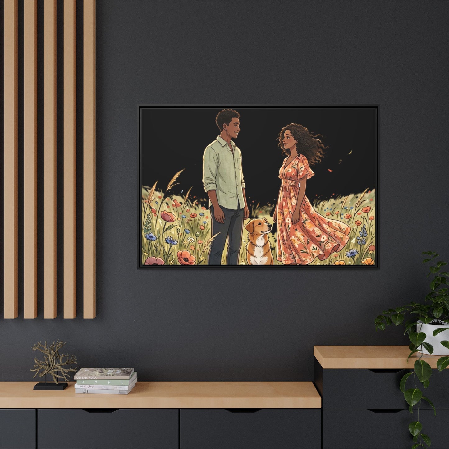 Framed Matte Canvas Print — Romantic Couple in Wildflower Field (Multi‑Color)