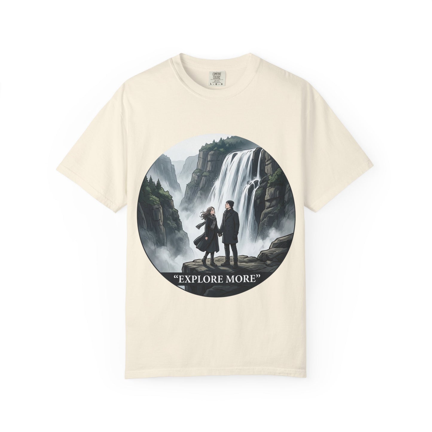 Explore More T-Shirt — Adventure Graphic Tee with Waterfall Scene