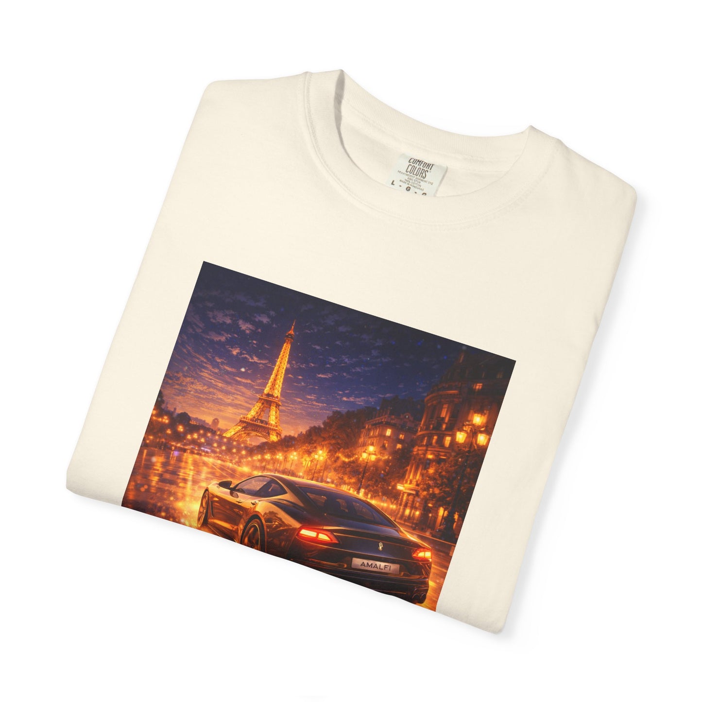 Paris Night Drive T-Shirt — Sports Car in Rainy Cityscape