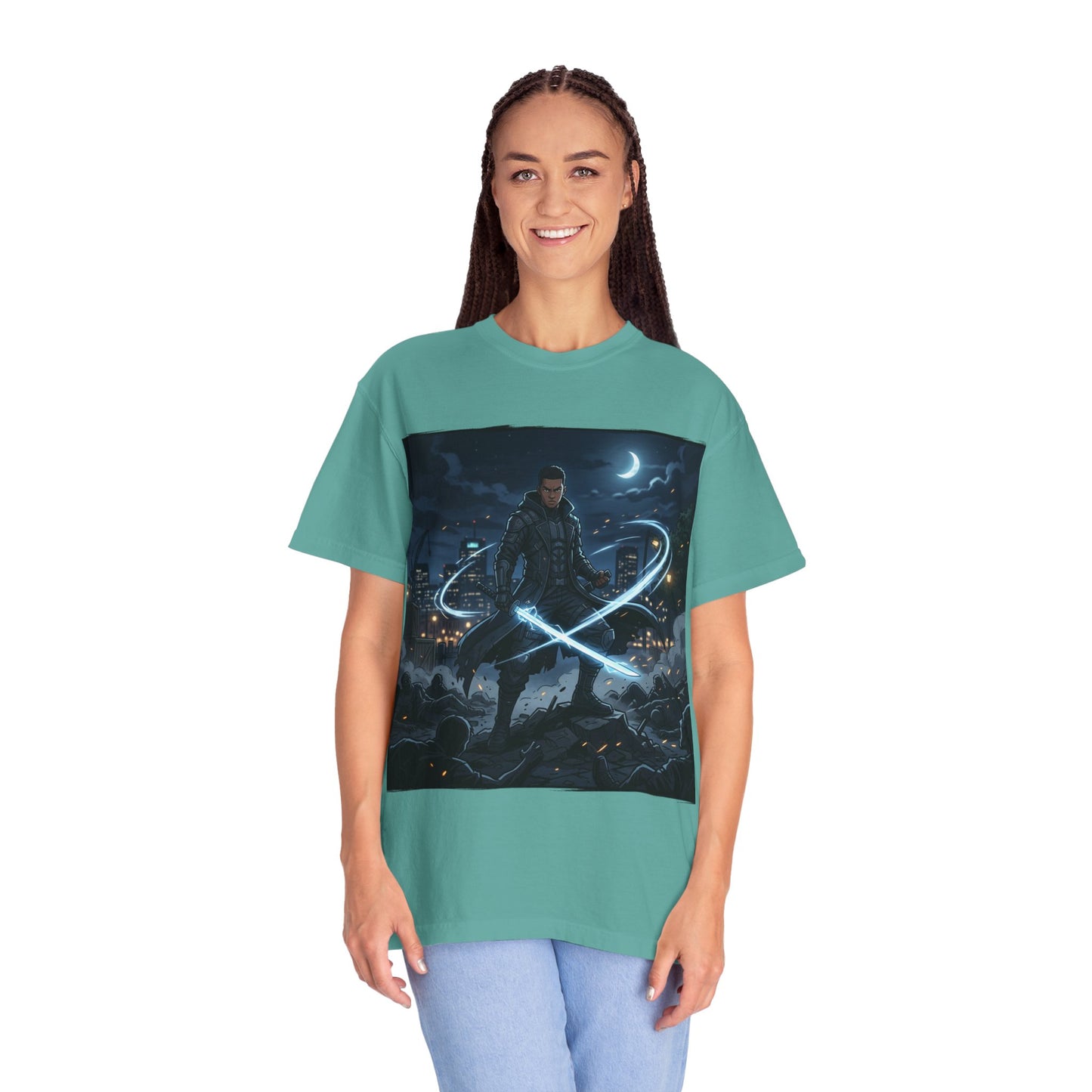 Urban Night Warrior T-Shirt — Neon Samurai Cityscape