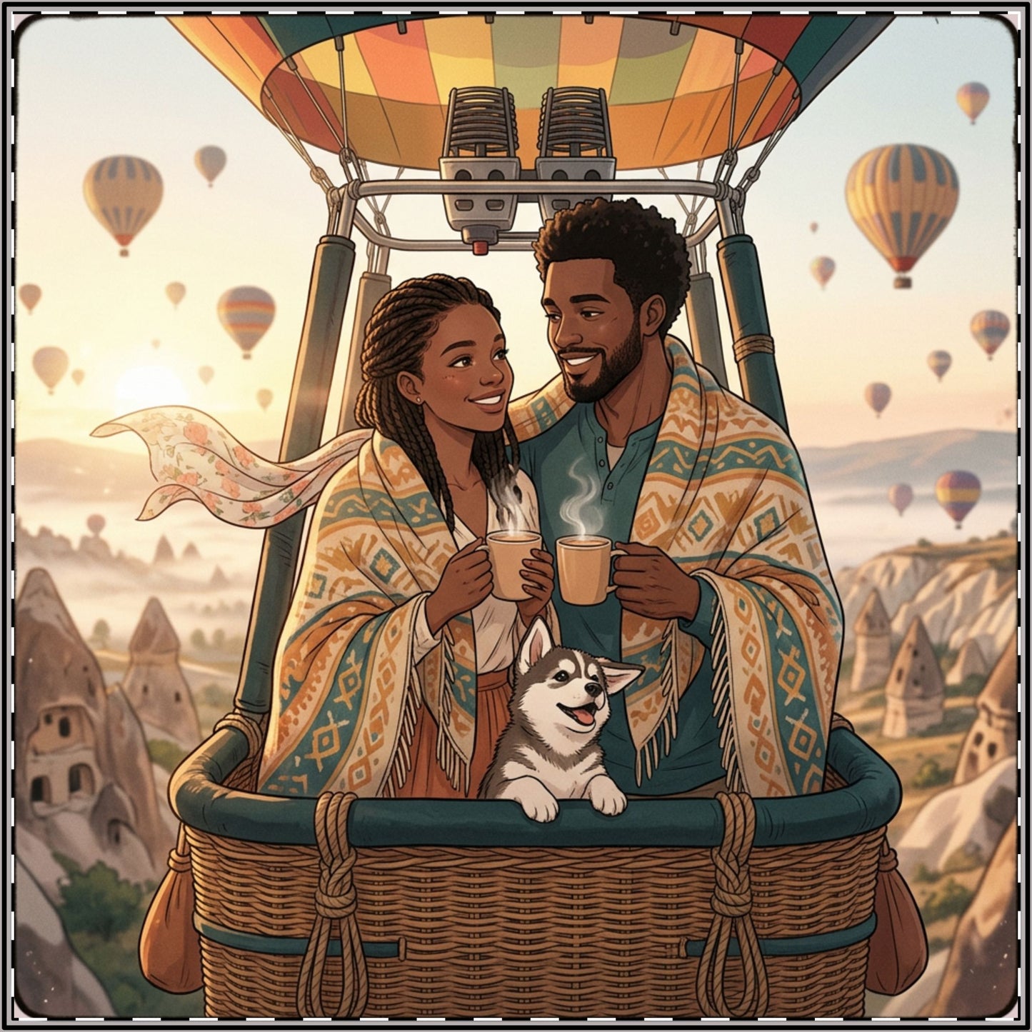 Hot Air Balloon Couple Satin Poster — Romantic Travel Wall Art