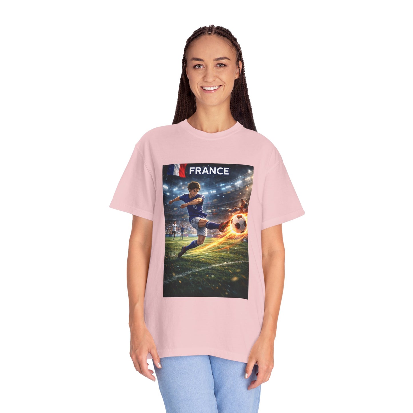 France Soccer Player Graphic T-Shirt — Football Kick Stadium Design