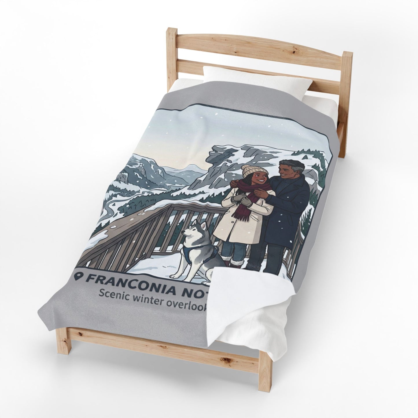 Velveteen Blanket — Franconia Notch NH Winter Scenic Throw with Couple & Husky