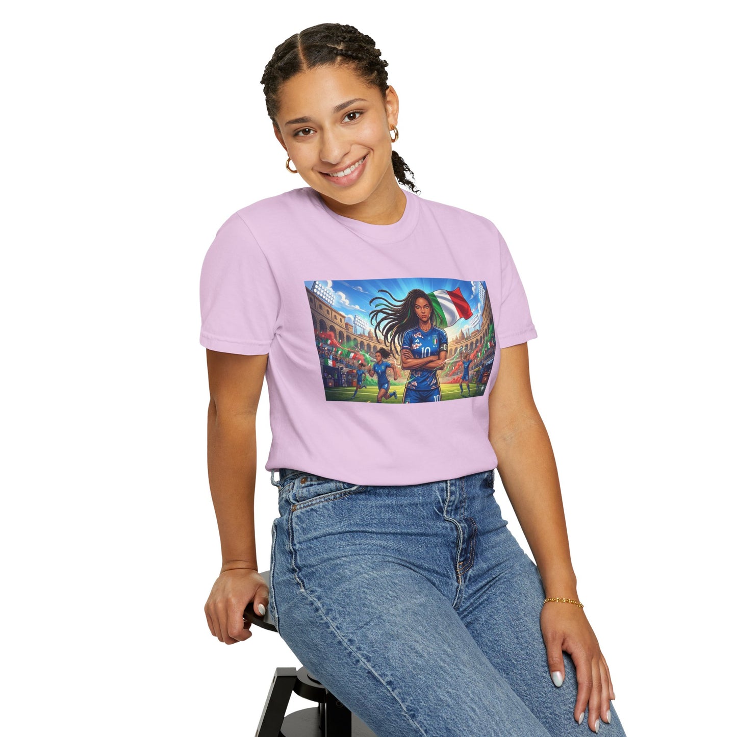 Italian Soccer Fan T‑Shirt – Inspirational Female Player with Italy Flag Stadium Print
