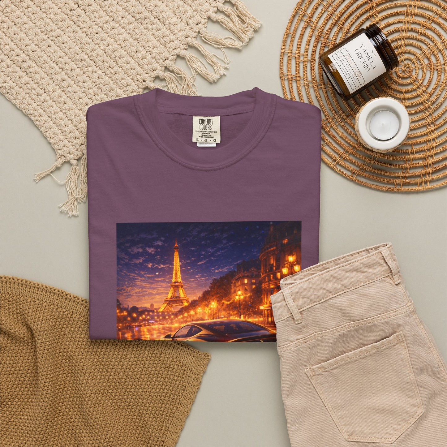 Paris Night Drive T-Shirt — Sports Car in Rainy Cityscape