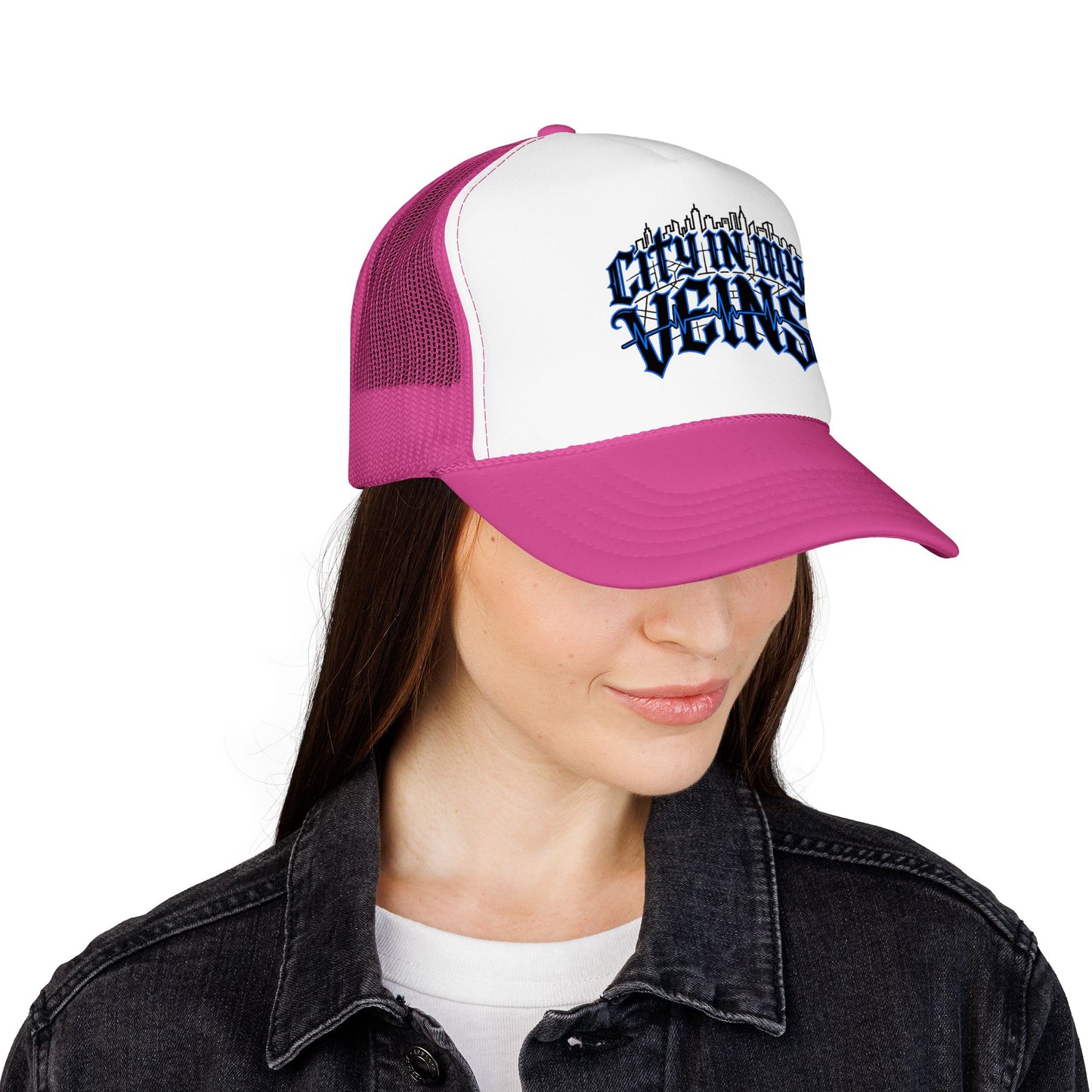 City In My Veins Foam Trucker Hat — Urban Gothic Blue Embroidered Cap