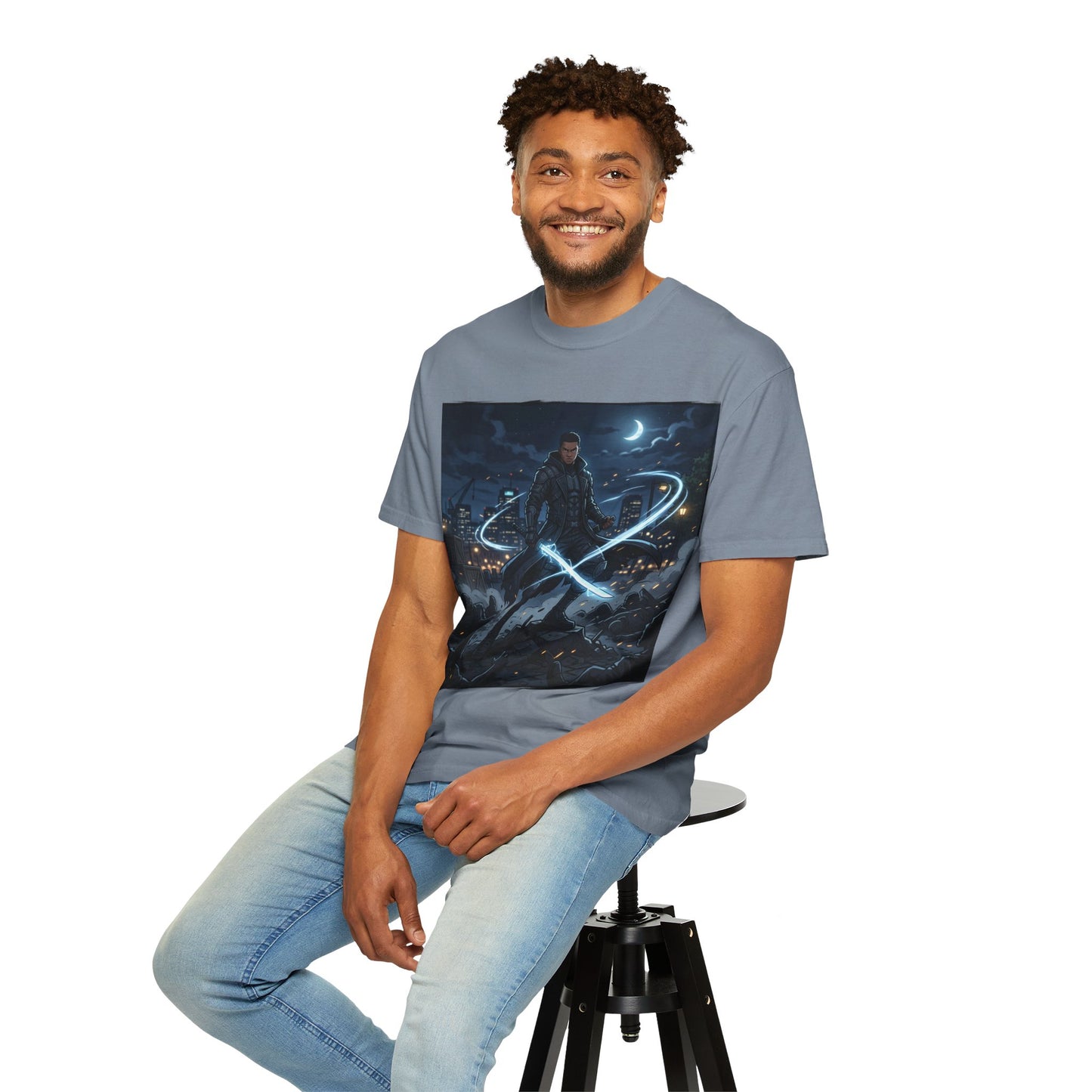 Urban Night Warrior T-Shirt — Neon Samurai Cityscape