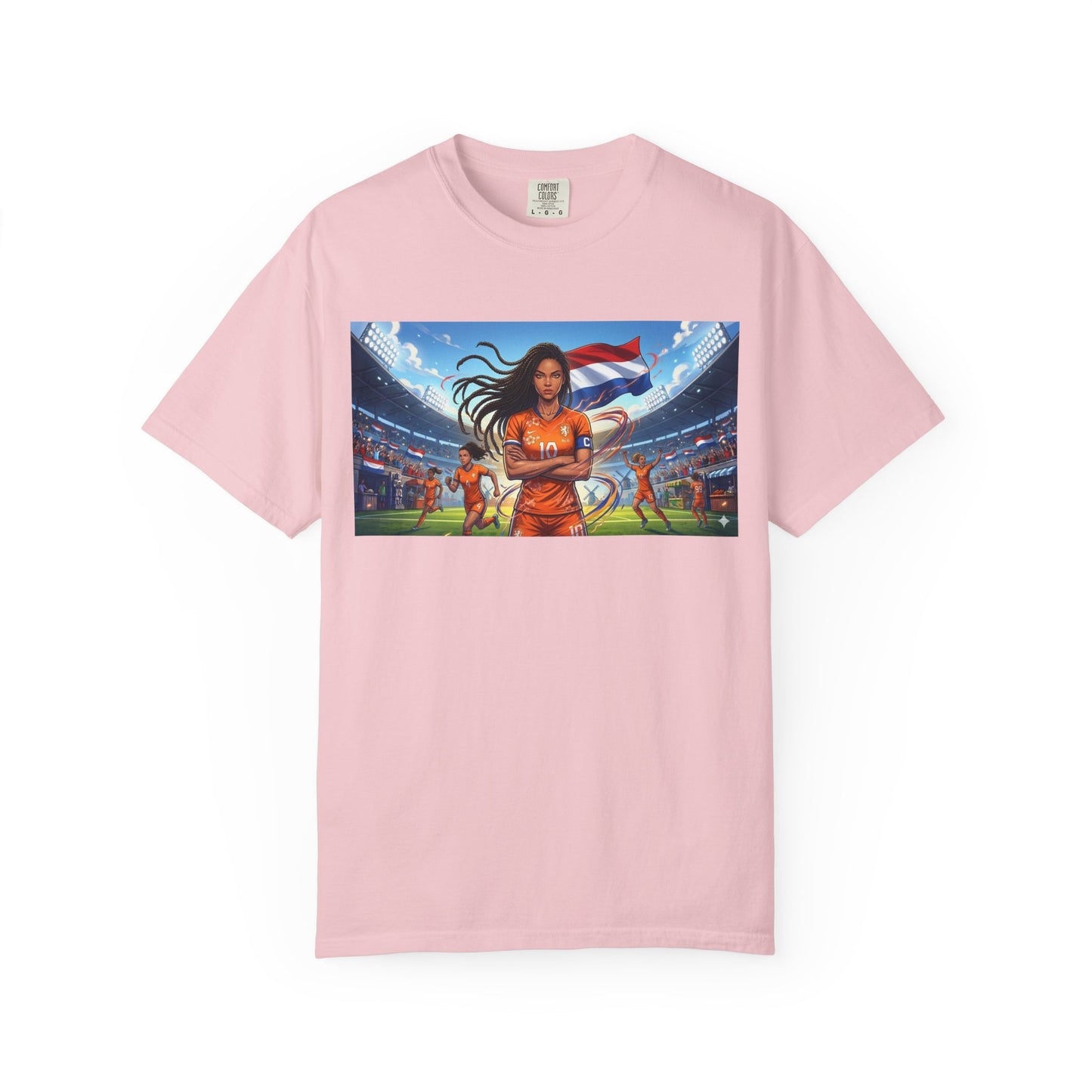 Soccer Warrior T-Shirt — Netherlands Female Captain with Flag Stadium Graphic