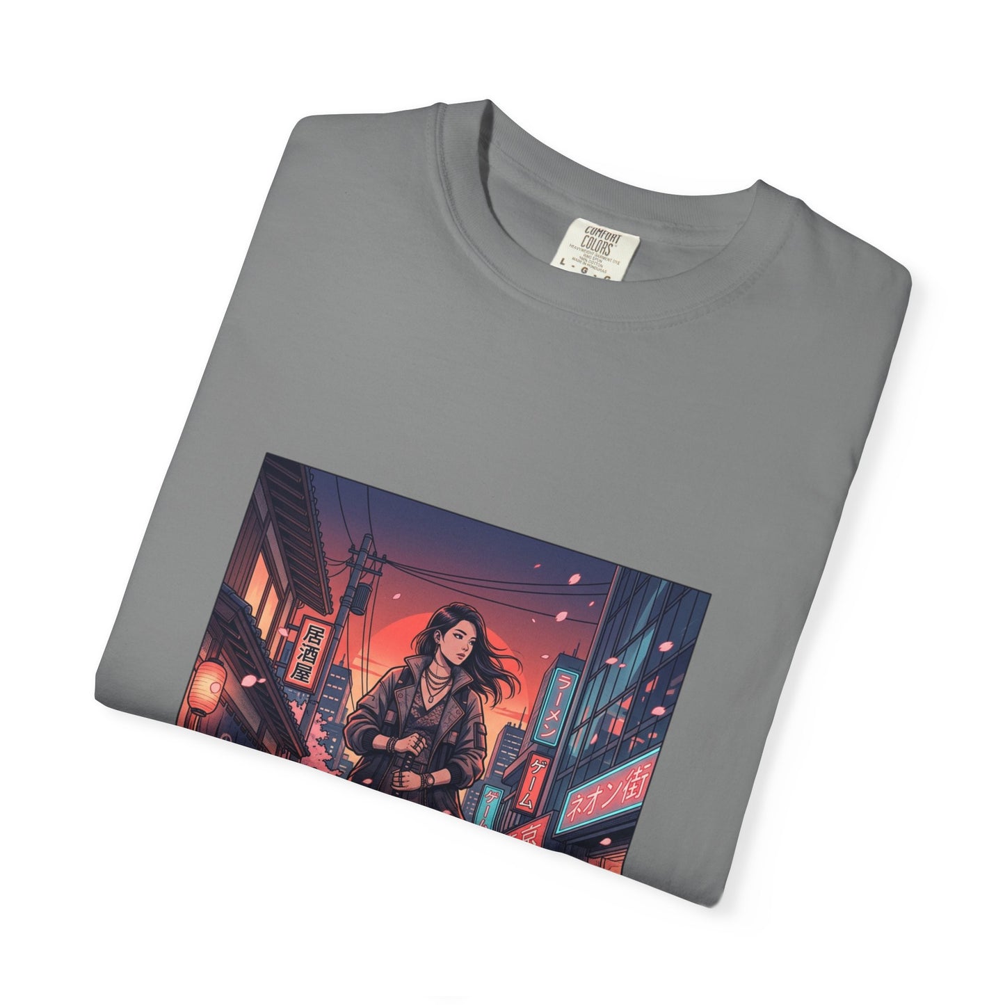 Cyberpunk Night Streets T‑Shirt — Neon Samurai Girl Graphic Tee