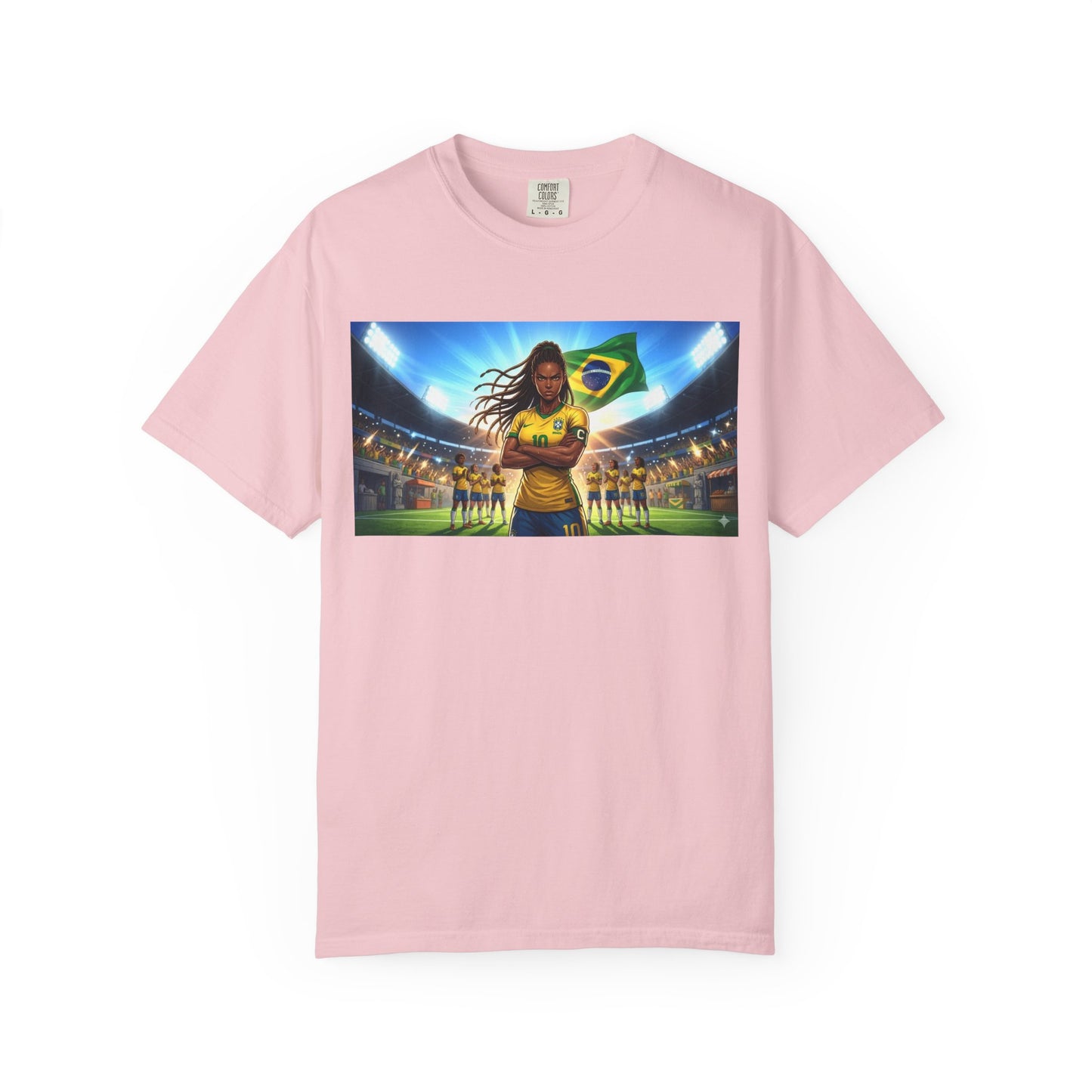 Brazil Soccer Captain T-Shirt — Player Holding Ball with Brazilian Flag Stadium Graphic