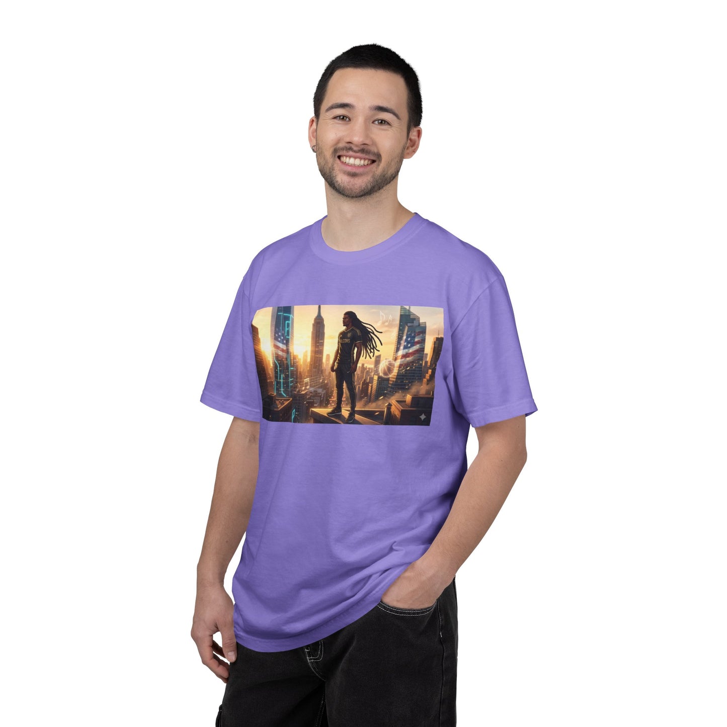 Cyberpunk Cityscape T-Shirt — Silhouette Hero at Sunset