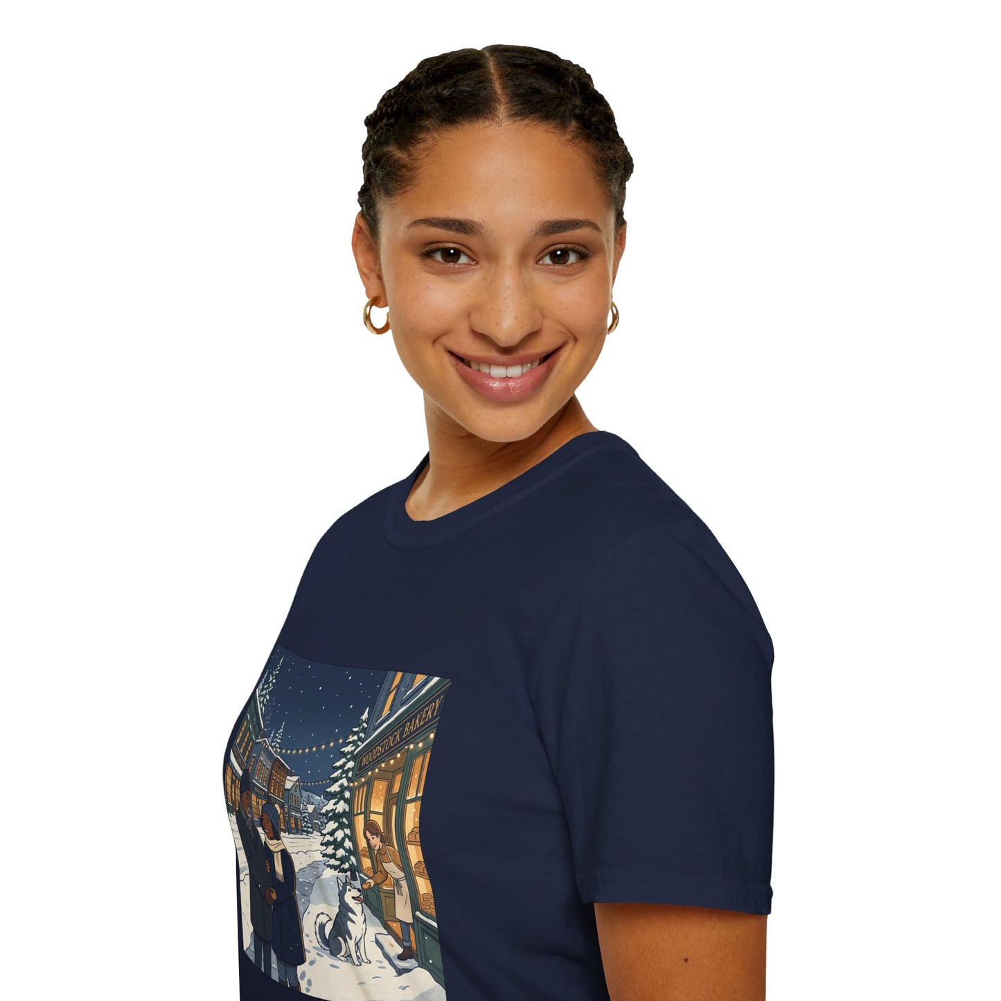 Winter String Lights Stroll T-Shirt — Cozy Holiday Street Scene Graphic Tee