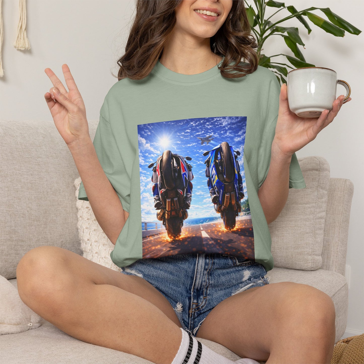 Motorcycle Sunset T-Shirt — Two Bikes Riding Into the Horizon