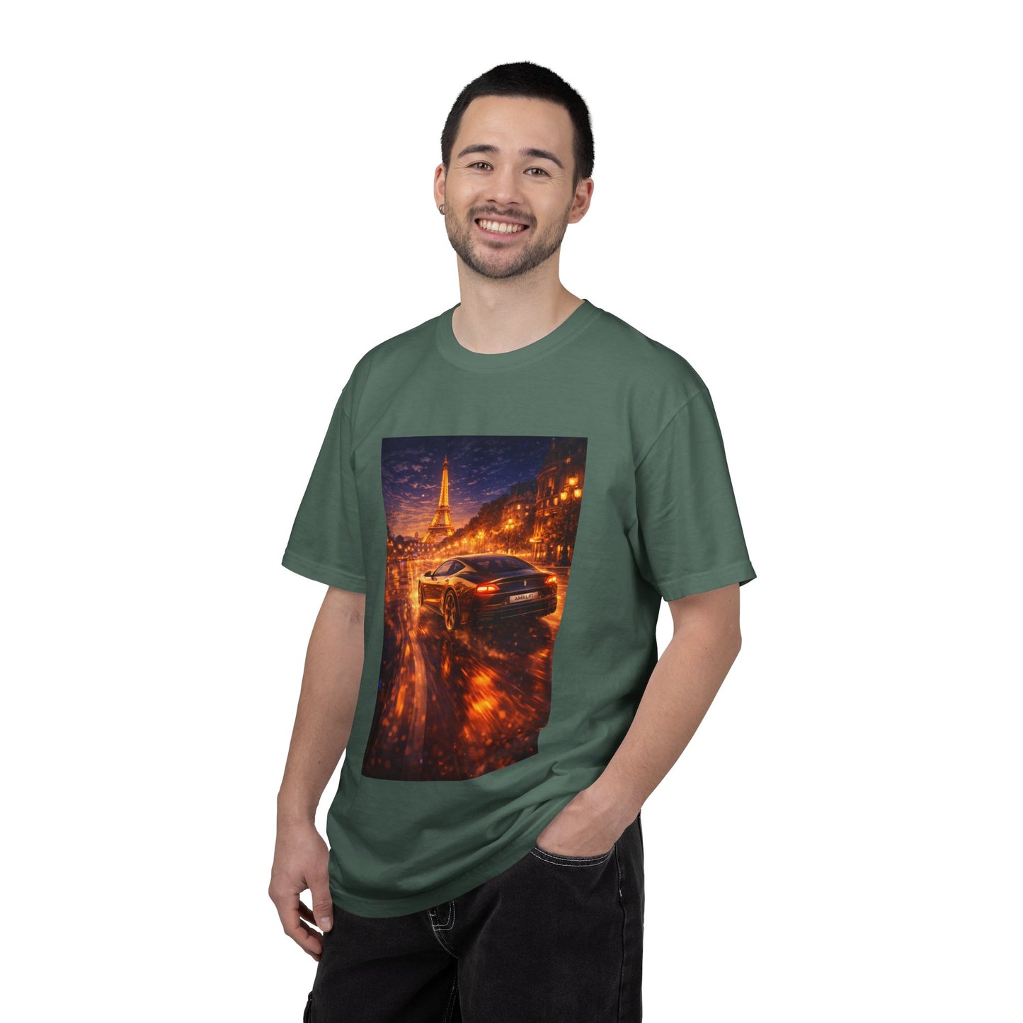 Paris Night Drive T-Shirt — Sports Car in Rainy Cityscape