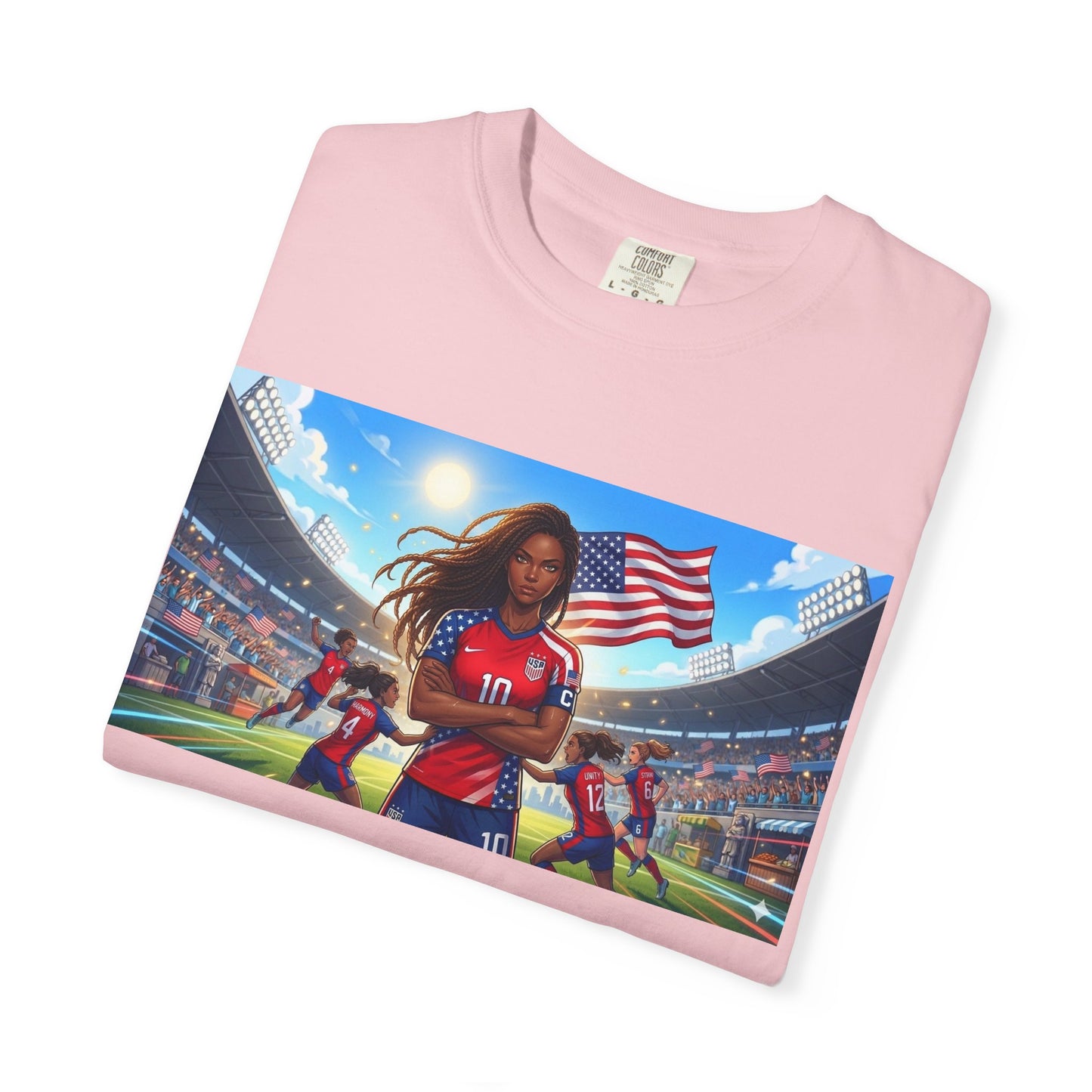Soccer Mom USA T-Shirt — Female Soccer Player with American Flag Stadium Graphic