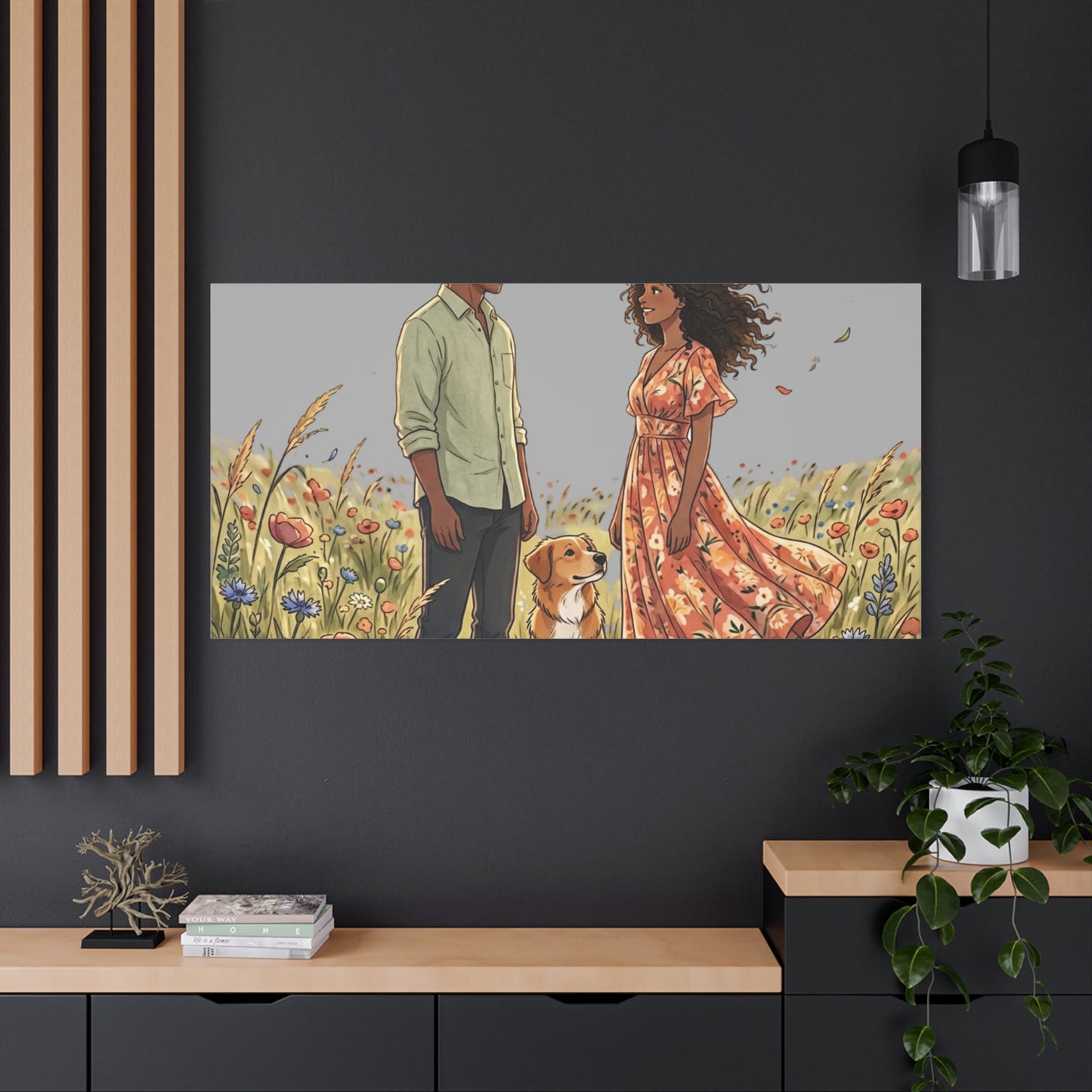 Romantic Couple in Wildflower Field Canvas Art — Black Love Wall Decor with Dog