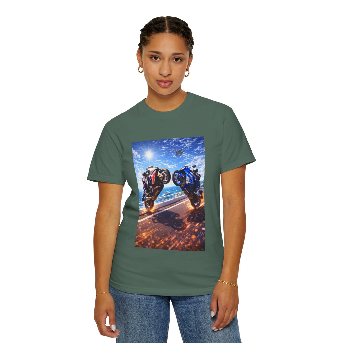 Stunt Riders Motorcycle T-Shirt — Two Bike Wheelie Racing Graphic Tee