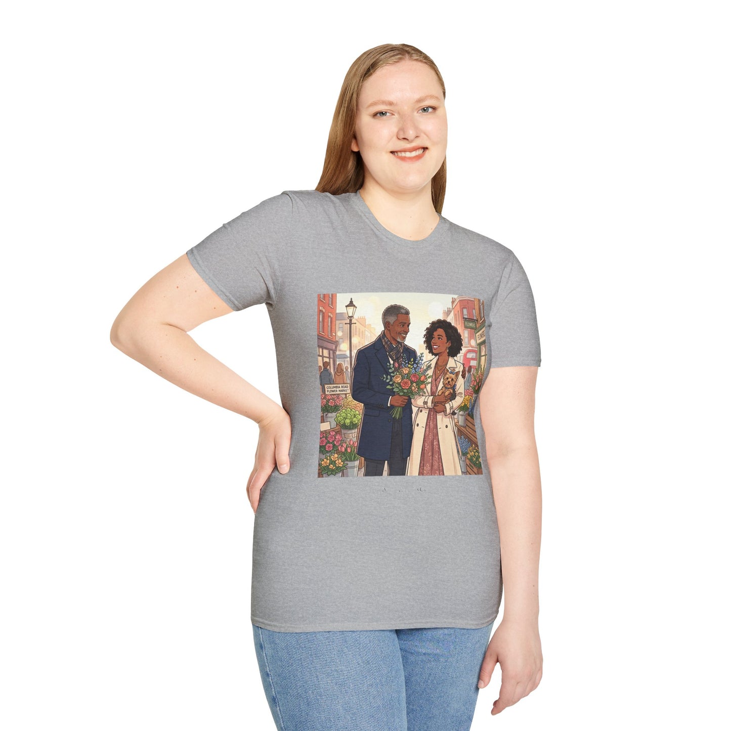 Romantic City Stroll T-Shirt — Couple Bouquet Illustration