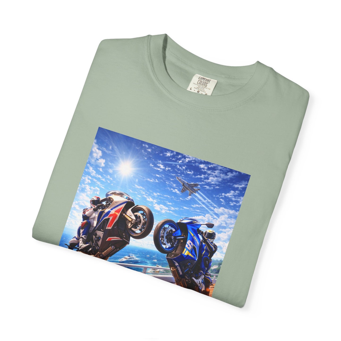 Stunt Riders Motorcycle T-Shirt — Two Bike Wheelie Racing Graphic Tee